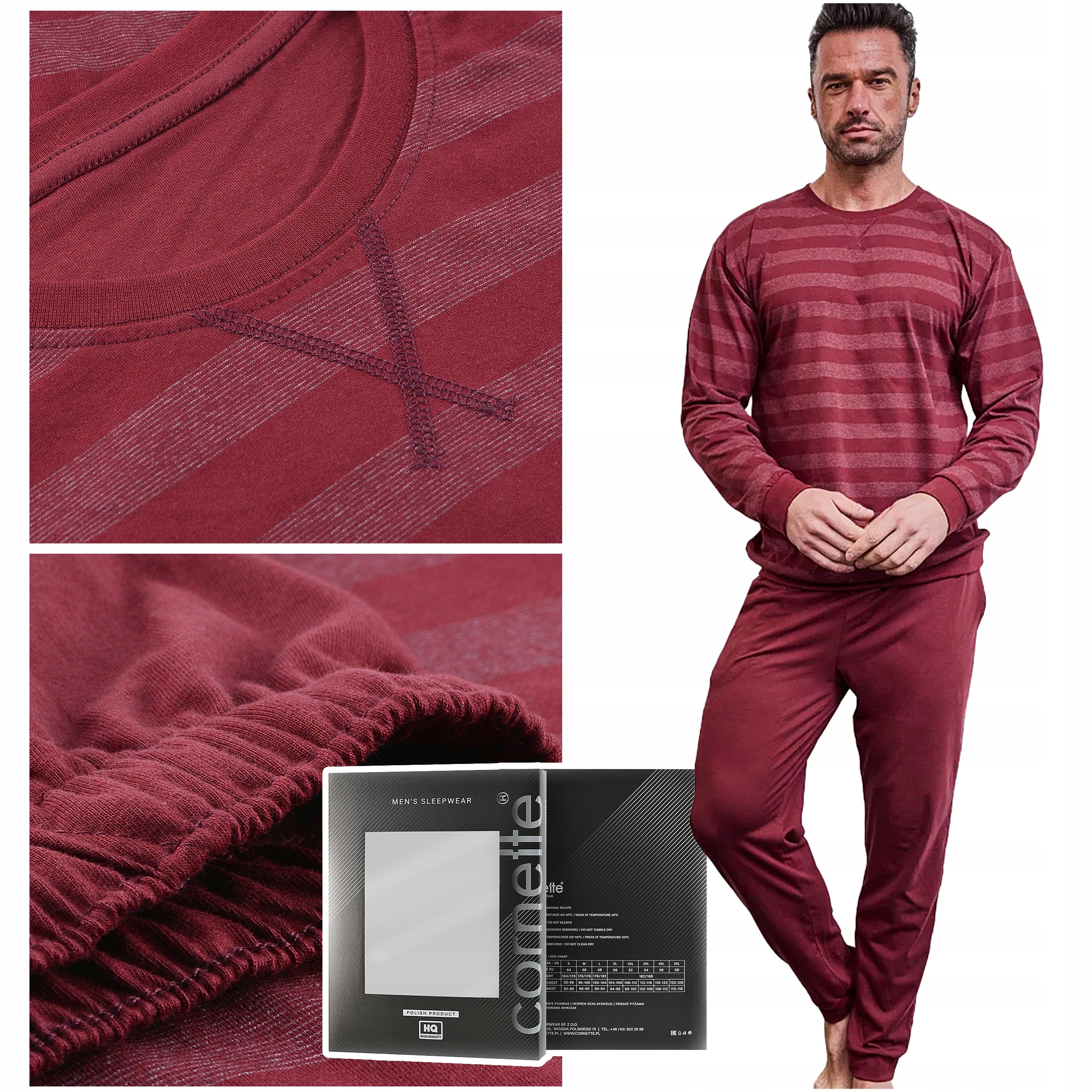Cornette Pánské pyžamo s dlouhým rukávem Bordové pruhy Bavlněné velikost XXL