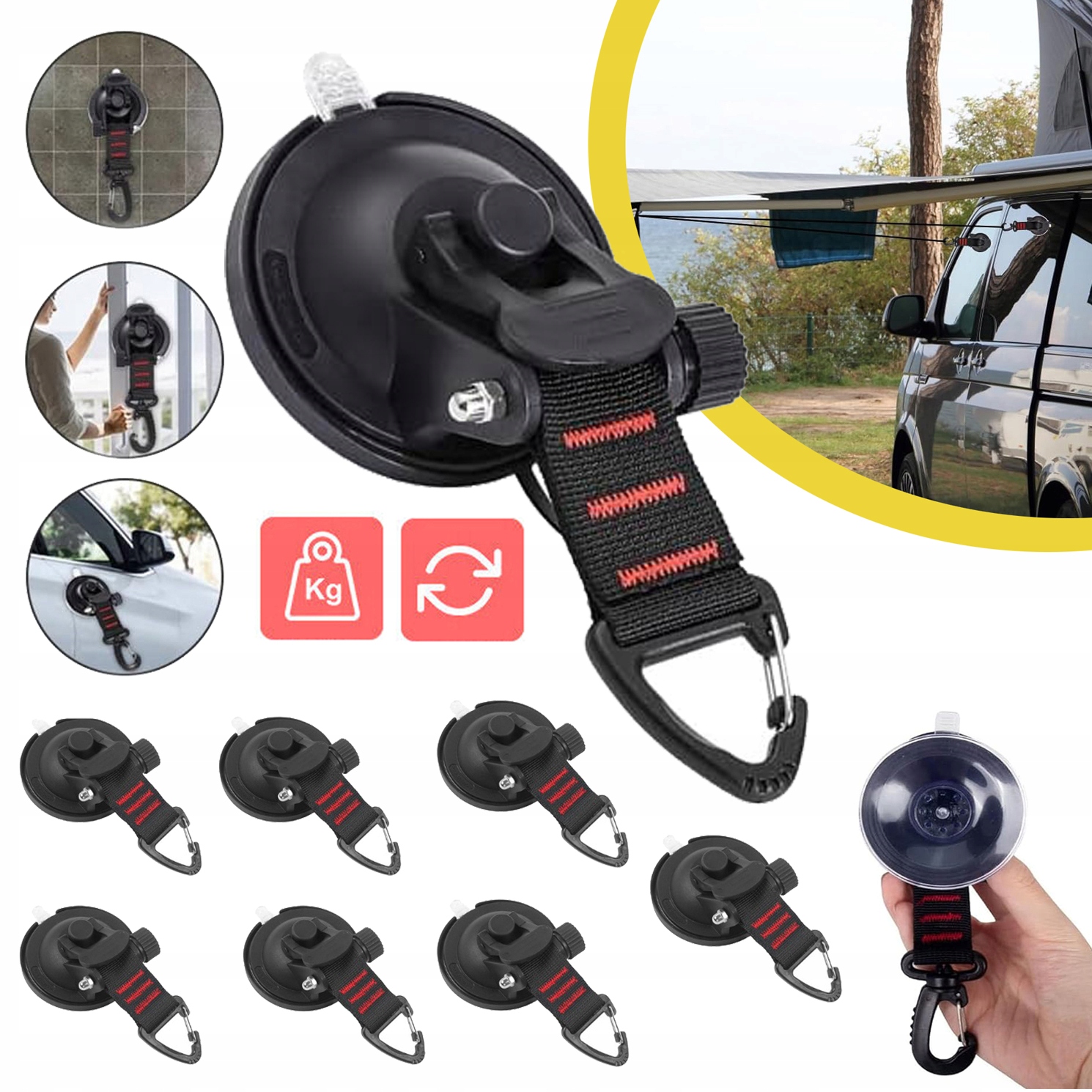 8 SZT. PRZYSSAWEK KEMPINGOWYCH, Z HACZYKAMI, PRZYSSAWKA, KOTWICA NA KEMPING