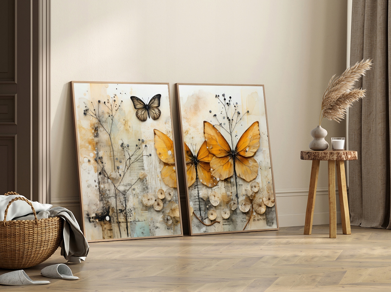 BOHO ROŚLINY MOTYL zestaw 2 plakaty 40x50 obraz beż #366 Marka KMBpress