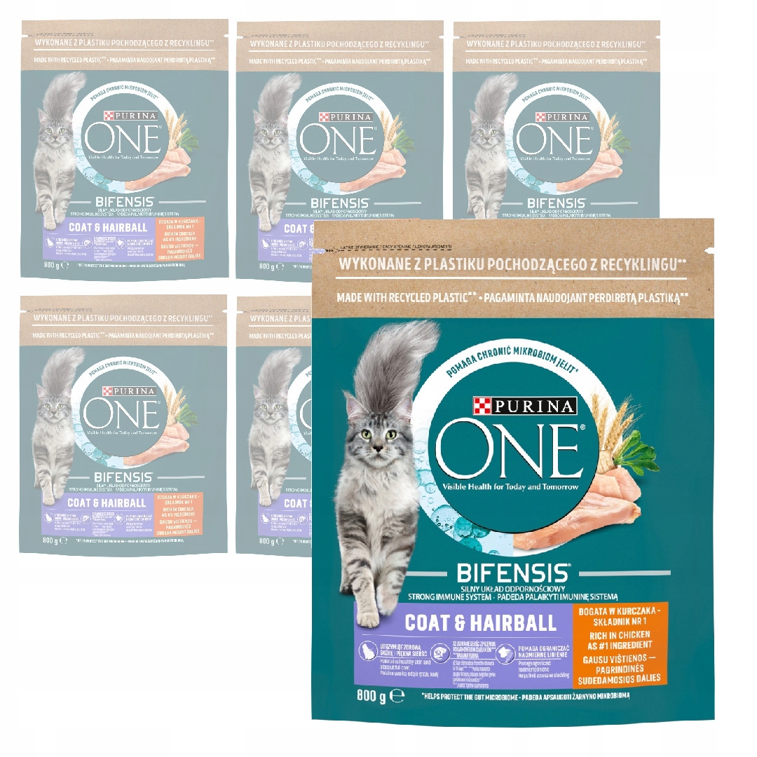 Levně Purina One Cat Coat&Hairball 6x800g Suché Krmivo s kuřecím masem Pro Kočky