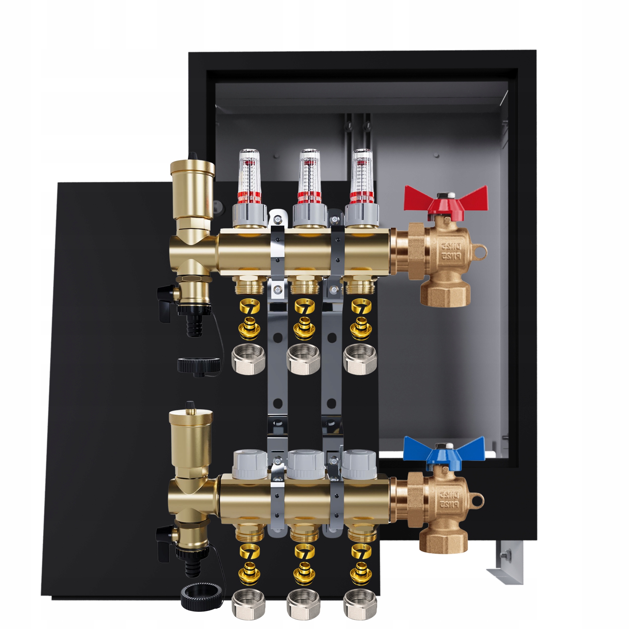 Rozdělovač podlahy mosazný 3 Podomítková skříňka černá Pex