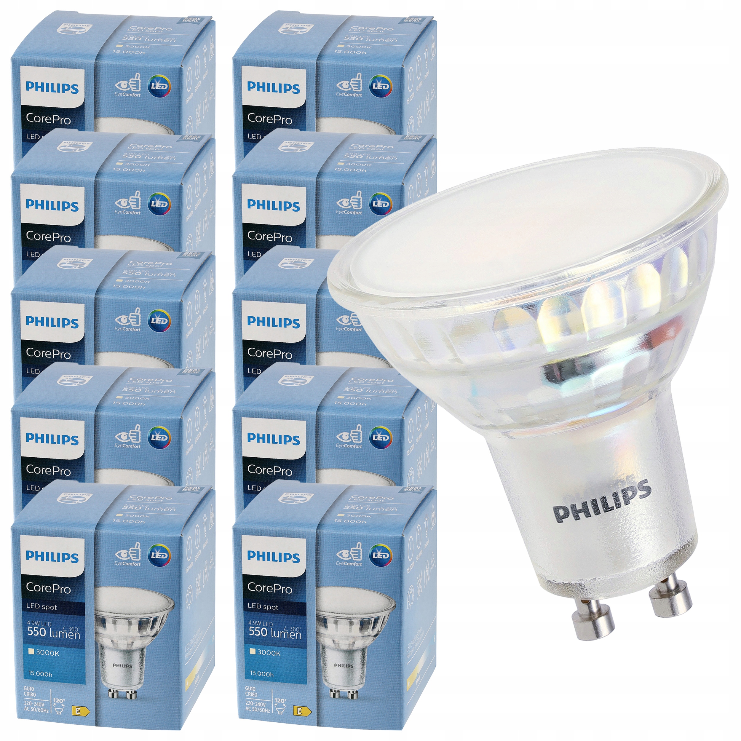 10x Żarówka Led GU10 Philips 4,9W 550lm 3000k Premium Zestaw Żarówek Led