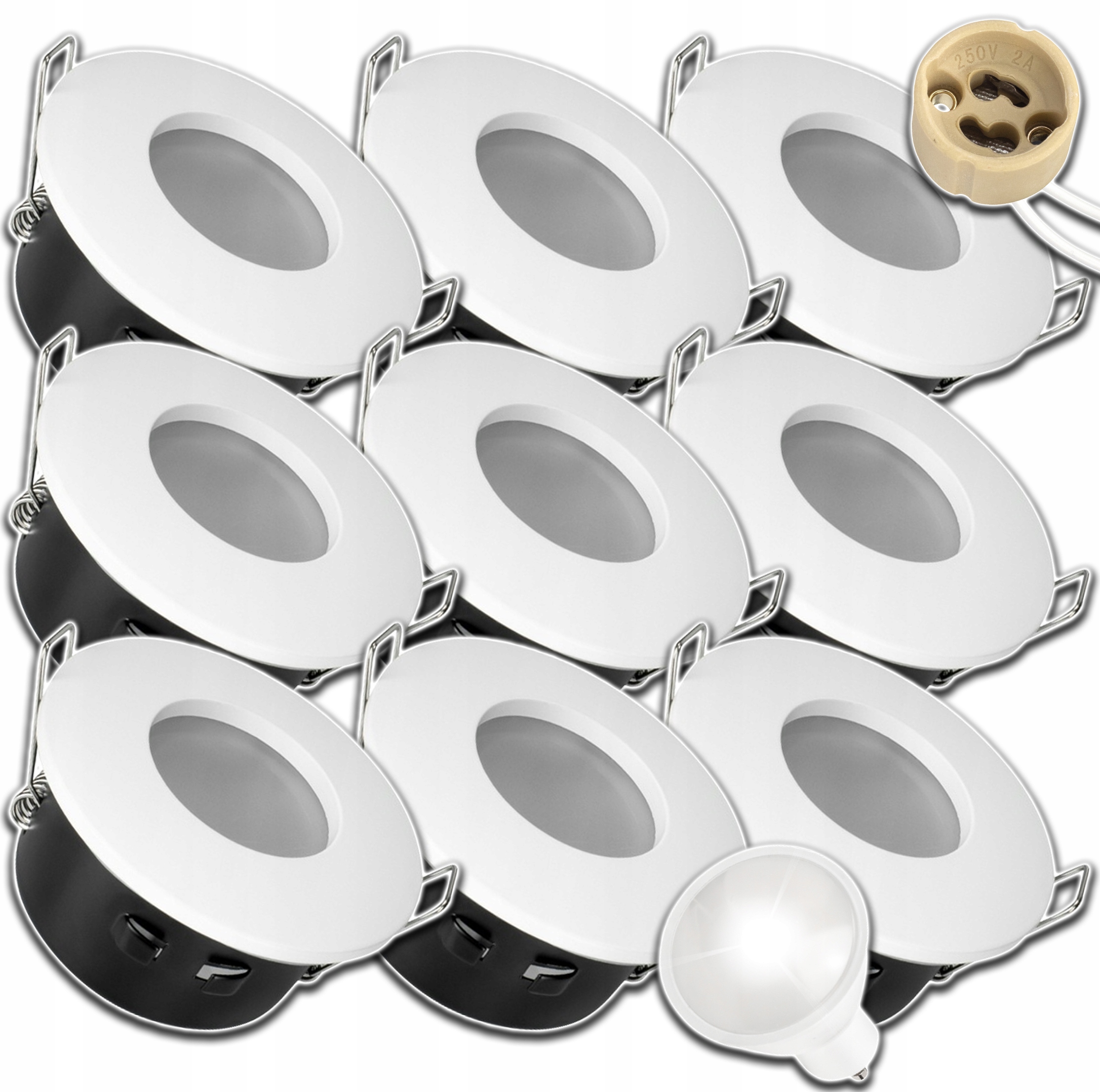 9x Hermetická Stropní Objímka Na Podbití IP64 Vnější Bílá KOLO+GU10