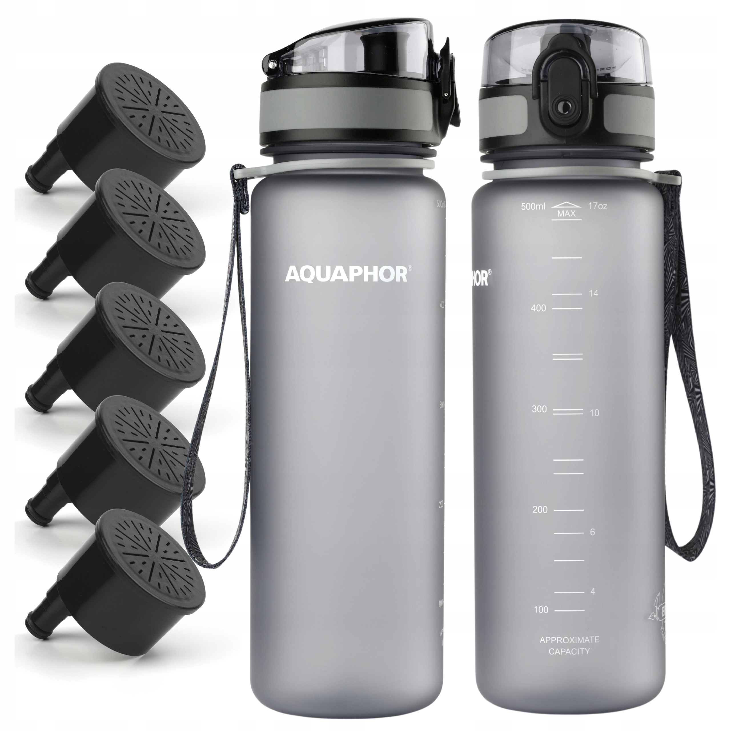 Butelka z filtrem do wody Aquaphor City Szara Bidon 500 ml Wkłady 5 szt.