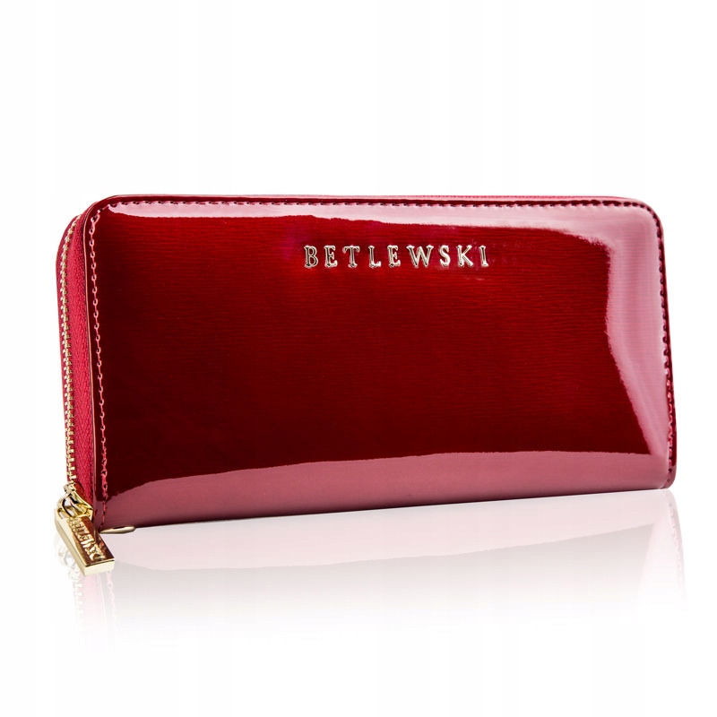Betlewski czerwony Portfel damski skórzany zamykany na suwak lakierowany