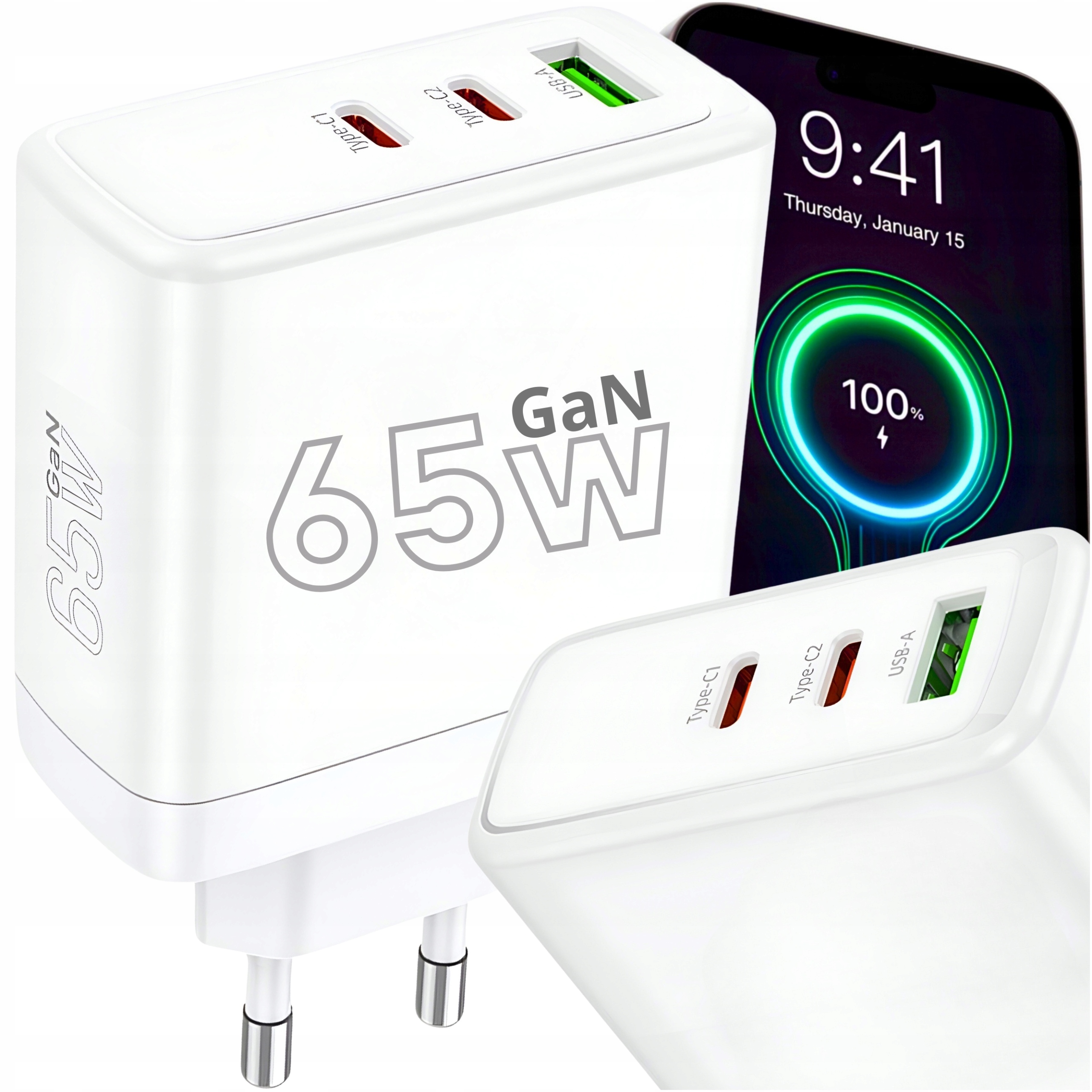 Ładowarka Sieciowa Szybka 65W GaN Usb 2x Usb-c Pd Qc 3.0 Mocna Uniwersalna