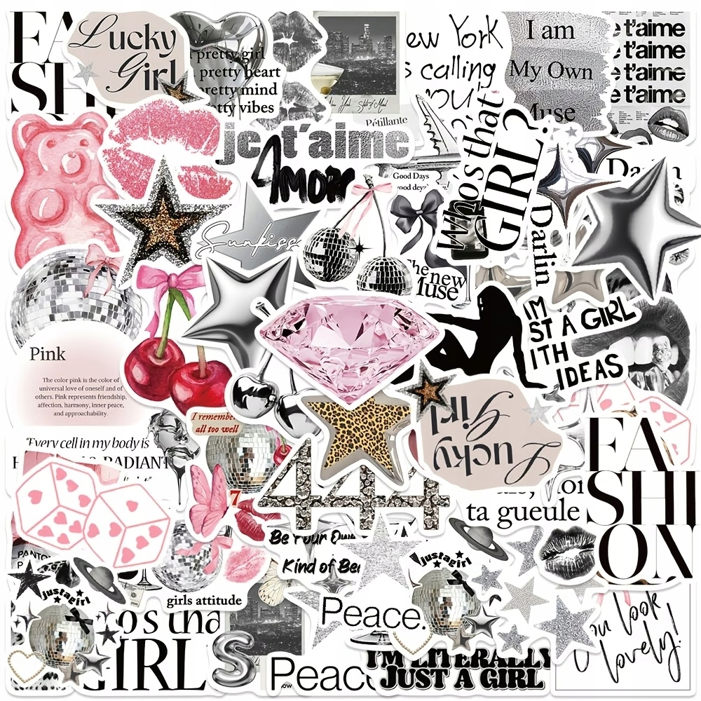 W241 Naklejki Sticker Bomb Wlepy wlepki Girl Black & Pink silver 50szt