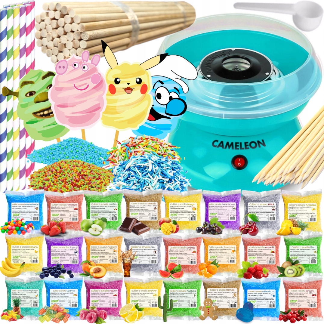 Sada Stroj na cukrovou vatu Cukr 24 x 100 g Sáčky tyčinky posypky