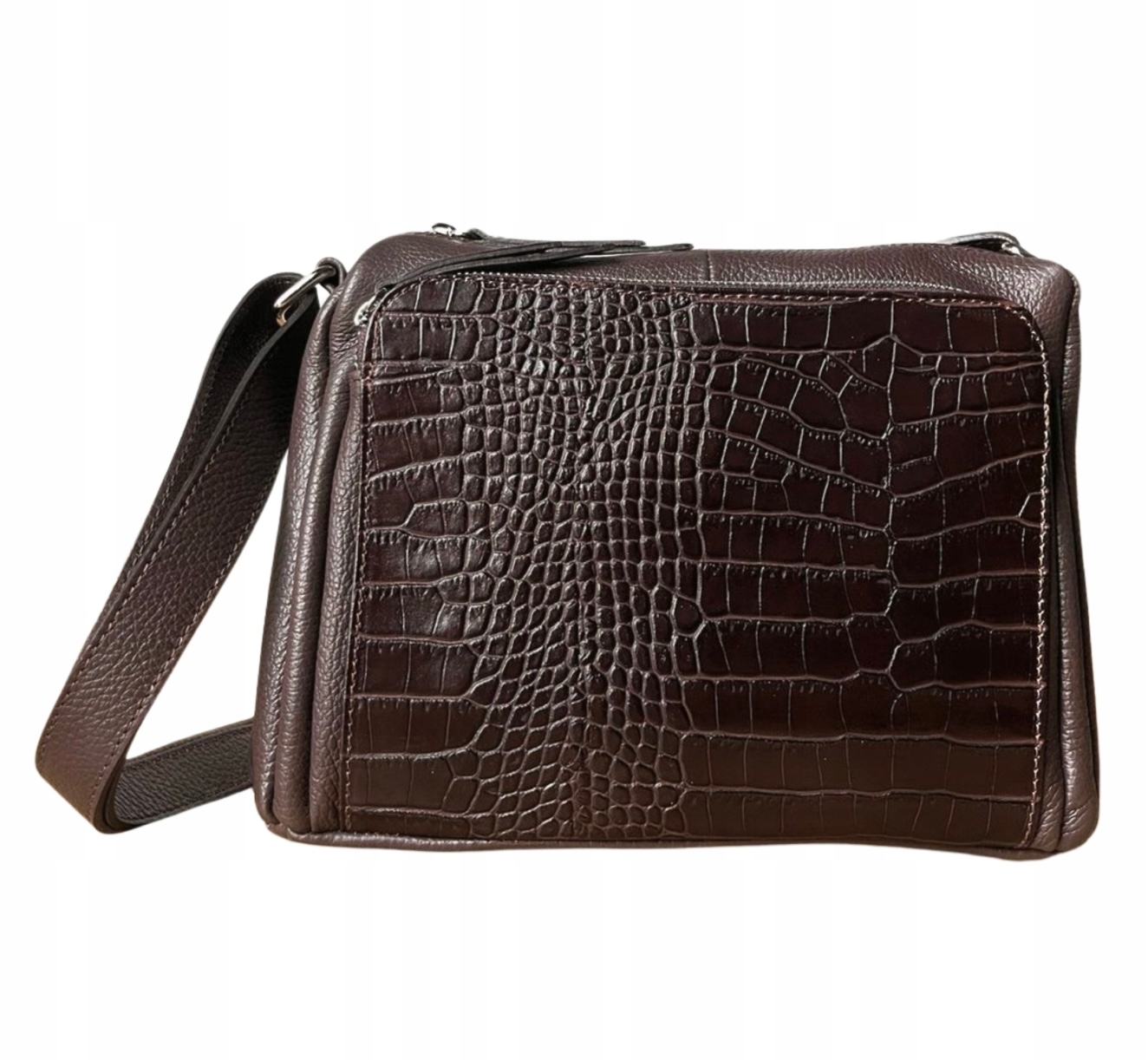 Włoska czekoladowa torebka Skóra Naturalna Kroko listonoszka Ciemny Brąz