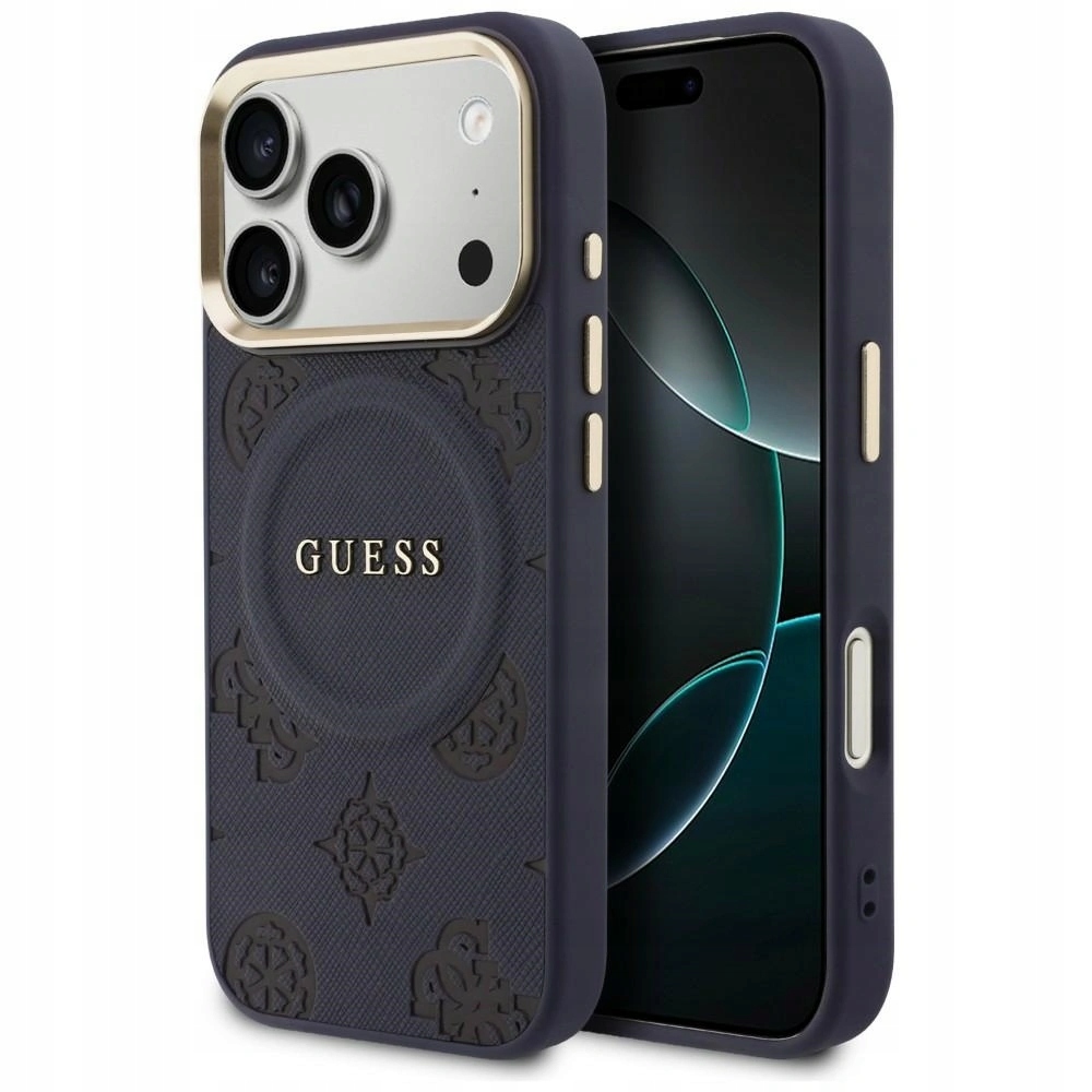 Pouzdro Guess Peony Hot Stamp MagSafe pro Apple iPhone 17 Pro Max, modré
