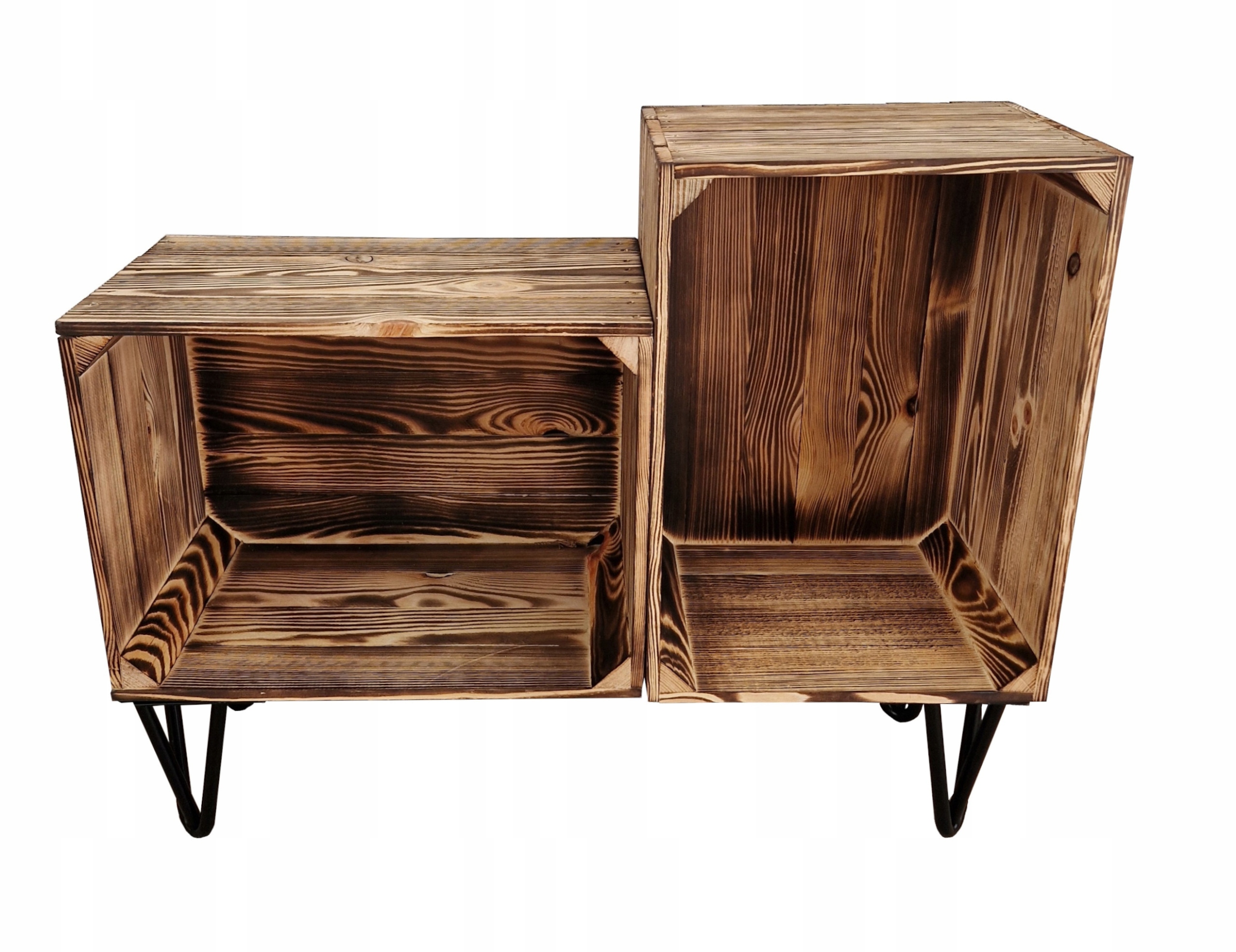 Regál Z Opálených Dřevěných Krabic S Nohami Hairpin, Na Výzdobu