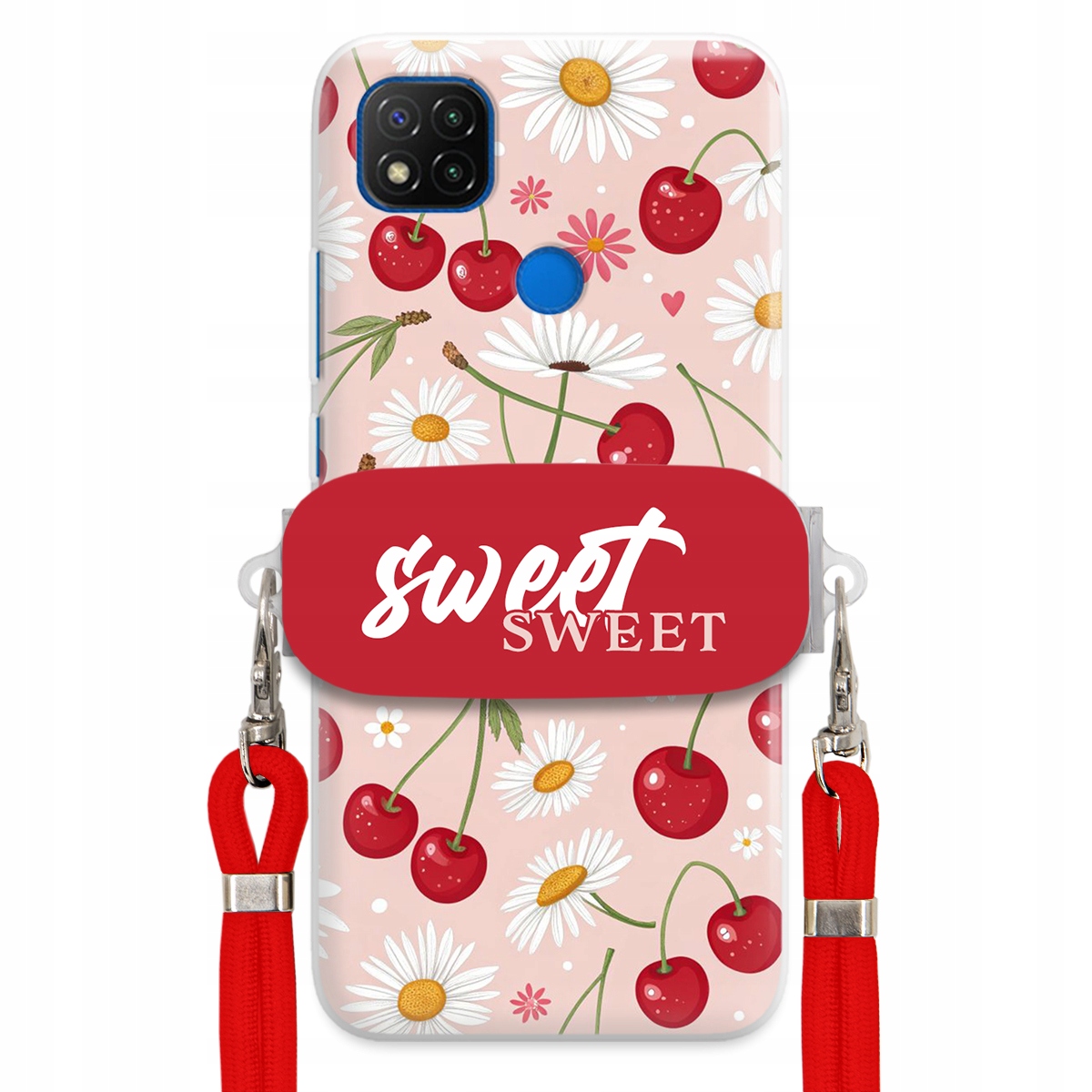 Pouzdro pro Xiaomi Redmi 9C Červené vodítko držák Crossbody Sweet Višňový Květ