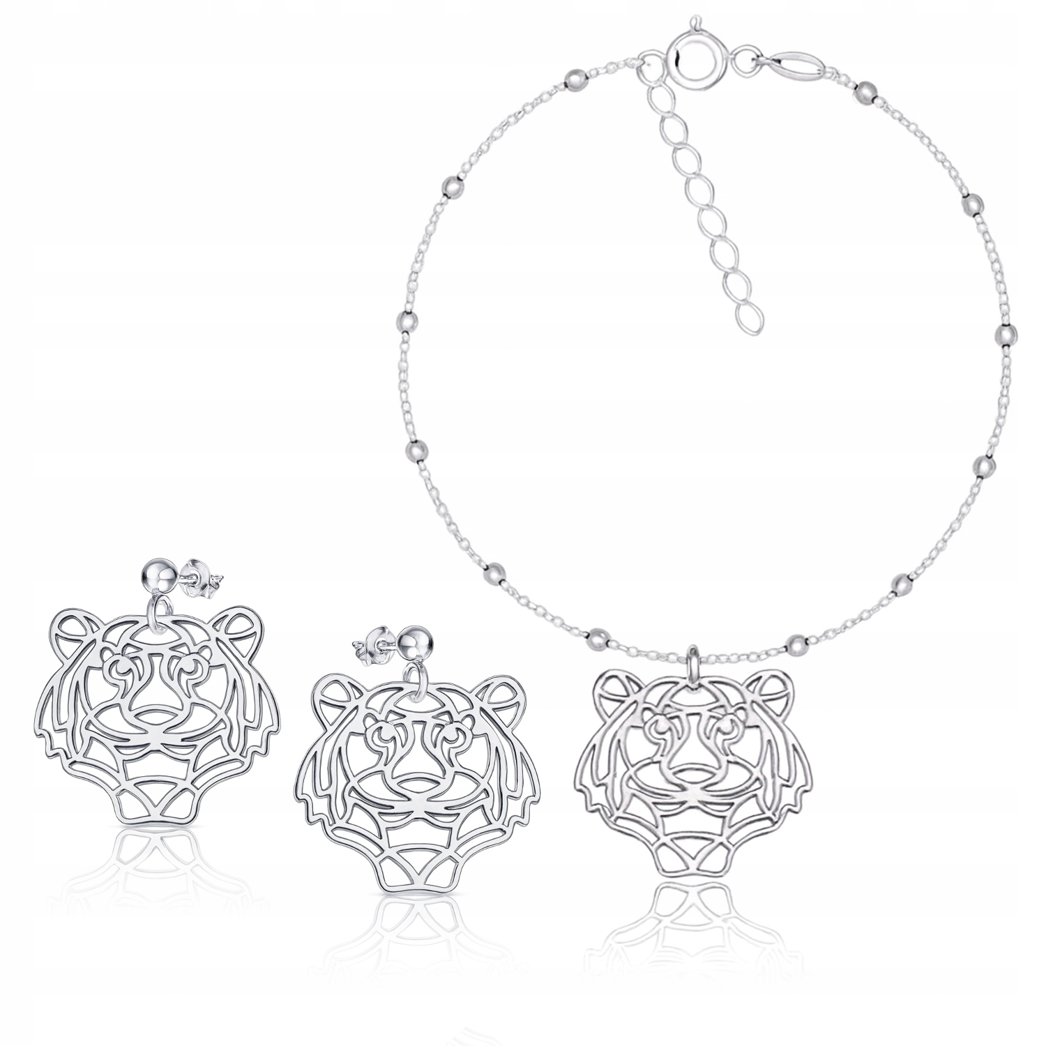 Tygr Hlava Tygra Stříbrný kuličkový komplet šperků stříbro 925