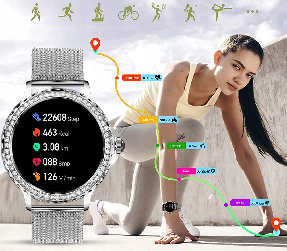 SMARTWATCH ZEGAREK DAMSKI ROZMOWY POWIADOMIENIA ZDROWIE SPORT PULS Transmisja danych brak