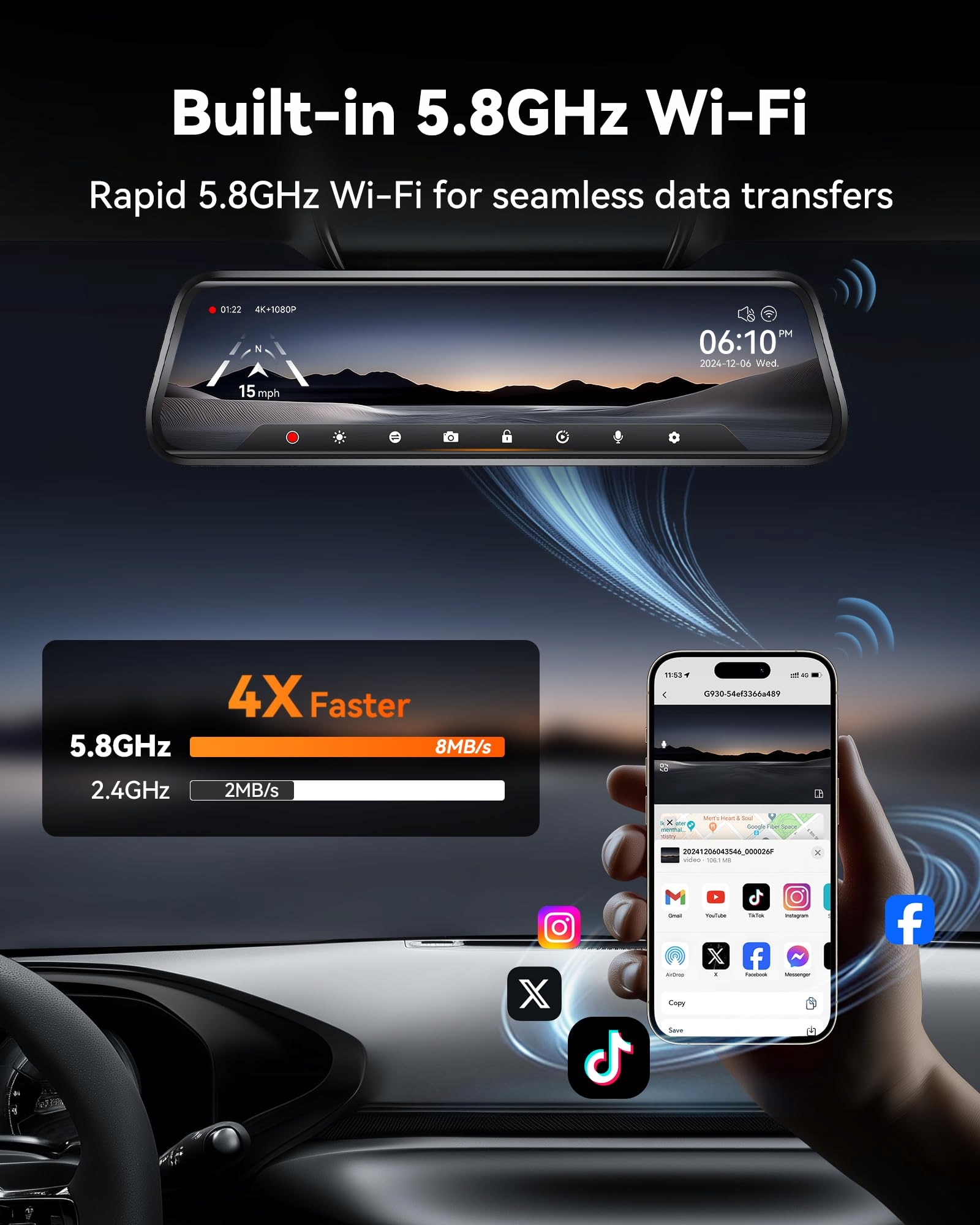 WOLFBOX G930 Kamera Lusterko 10'' 4K WiFi GPS Monitor Parkowania 64GB — miniatura 2