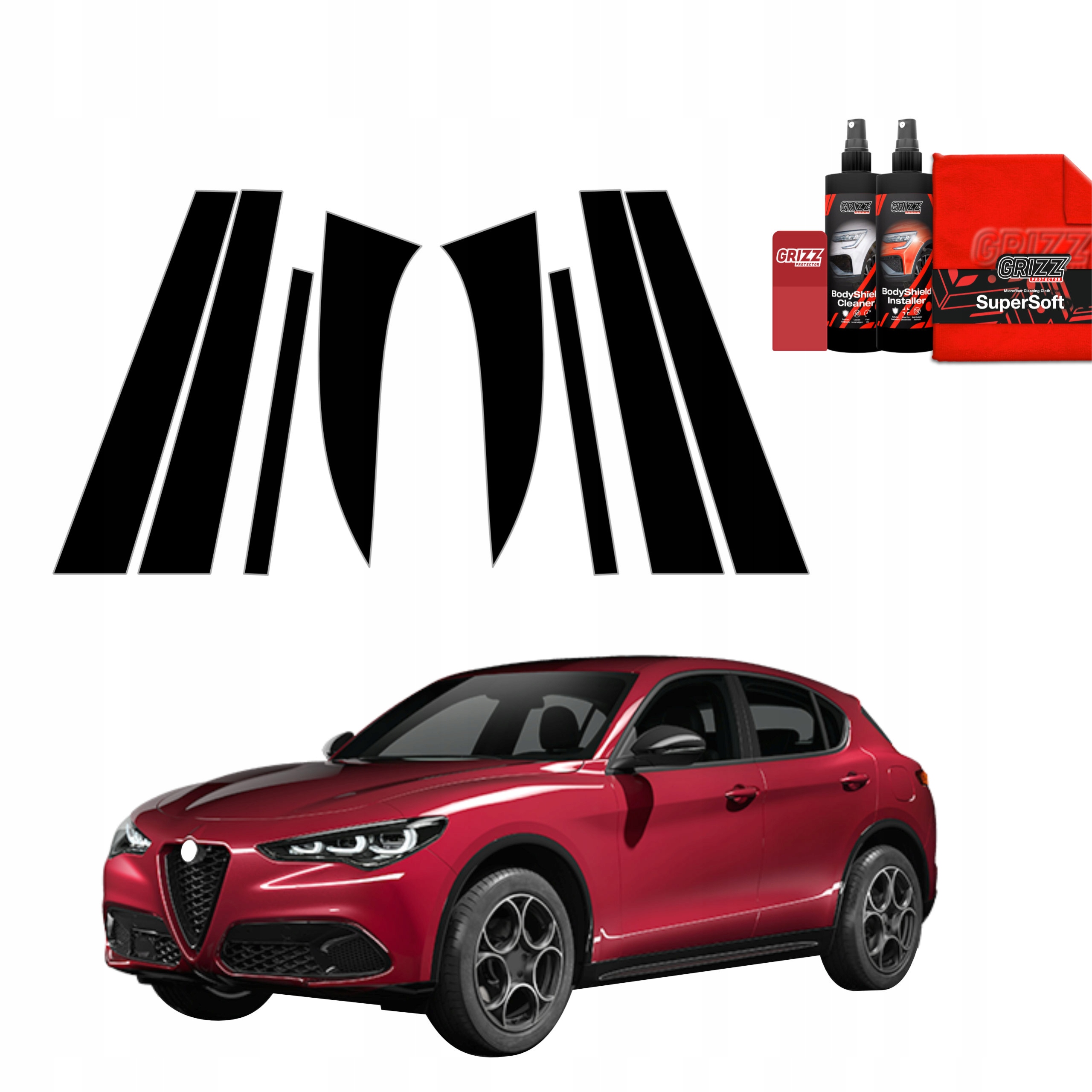 8v1 Černá fólie na sloupky pro Alfa Romeo Stelvio (2023-2025)