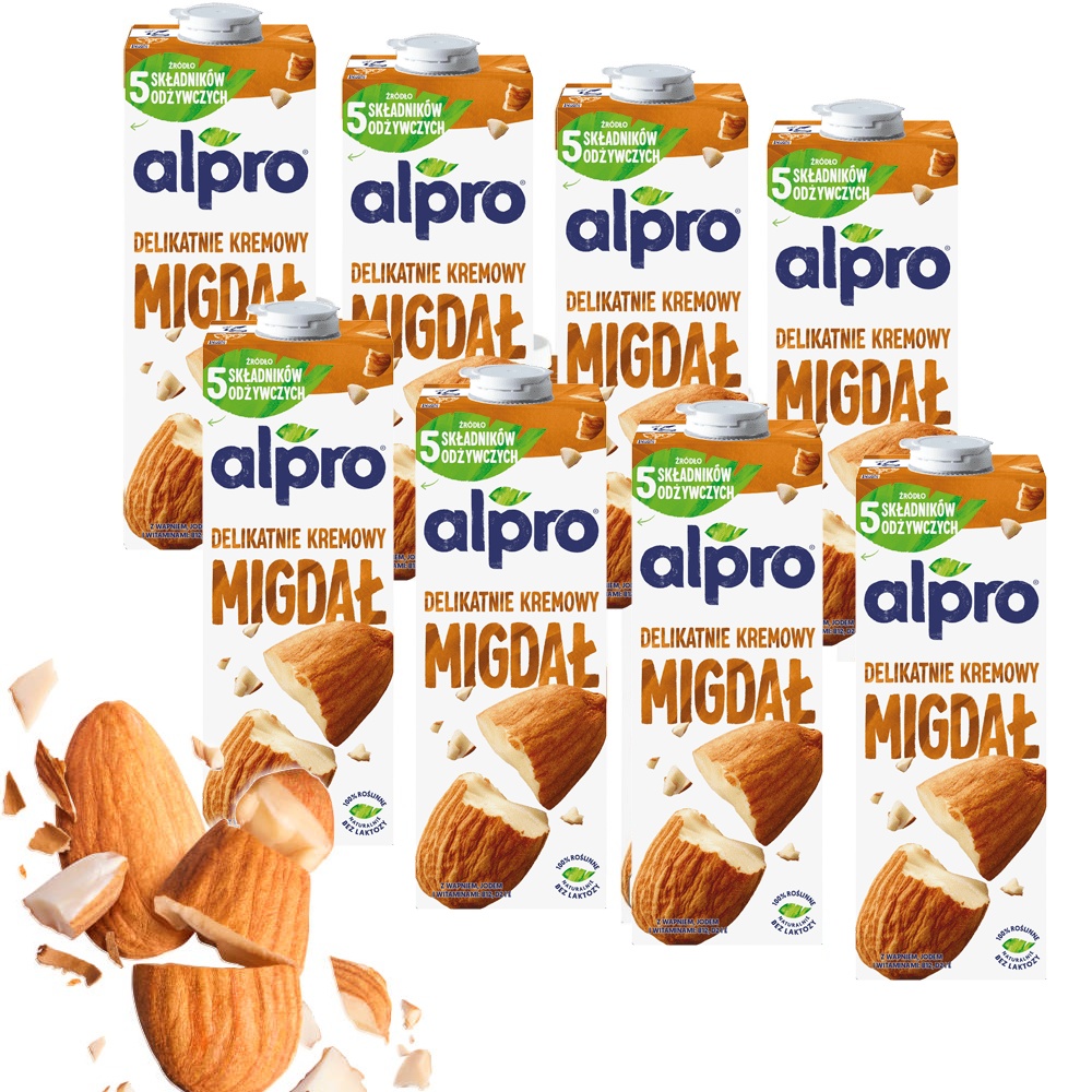 8x Alpro Napój Roślinny Migdałowy Niskocukrowy Roasted Almond Creamy 1L