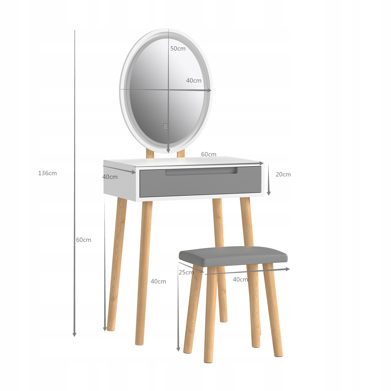 Toaletka lustro LED + taboret+Szuflada Kolor mebla biały