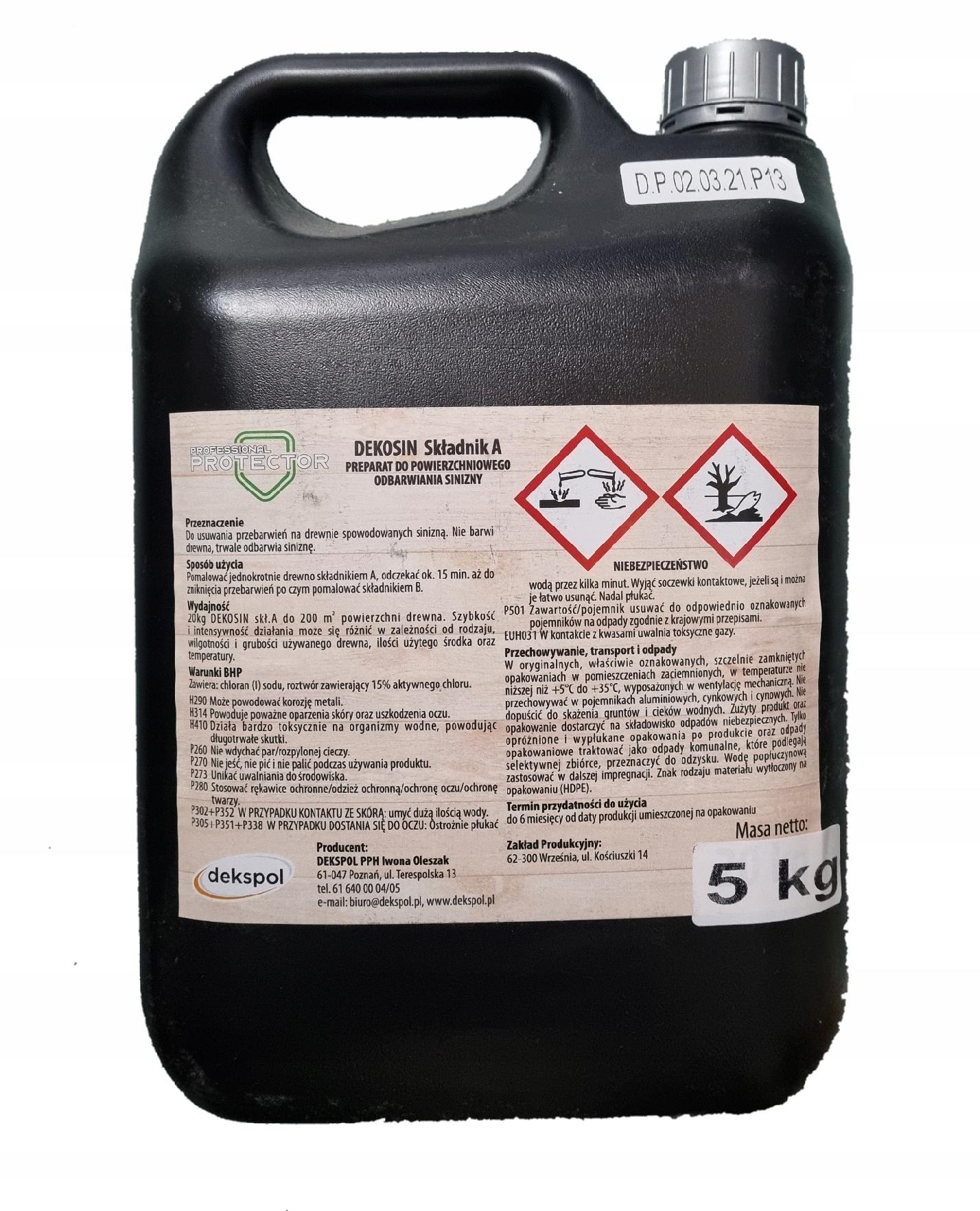 DEKOSIN A 5kg ODSZARZACZ DO DREWNA - ODBARWIA SINIZNĘ - SKŁADNIK A