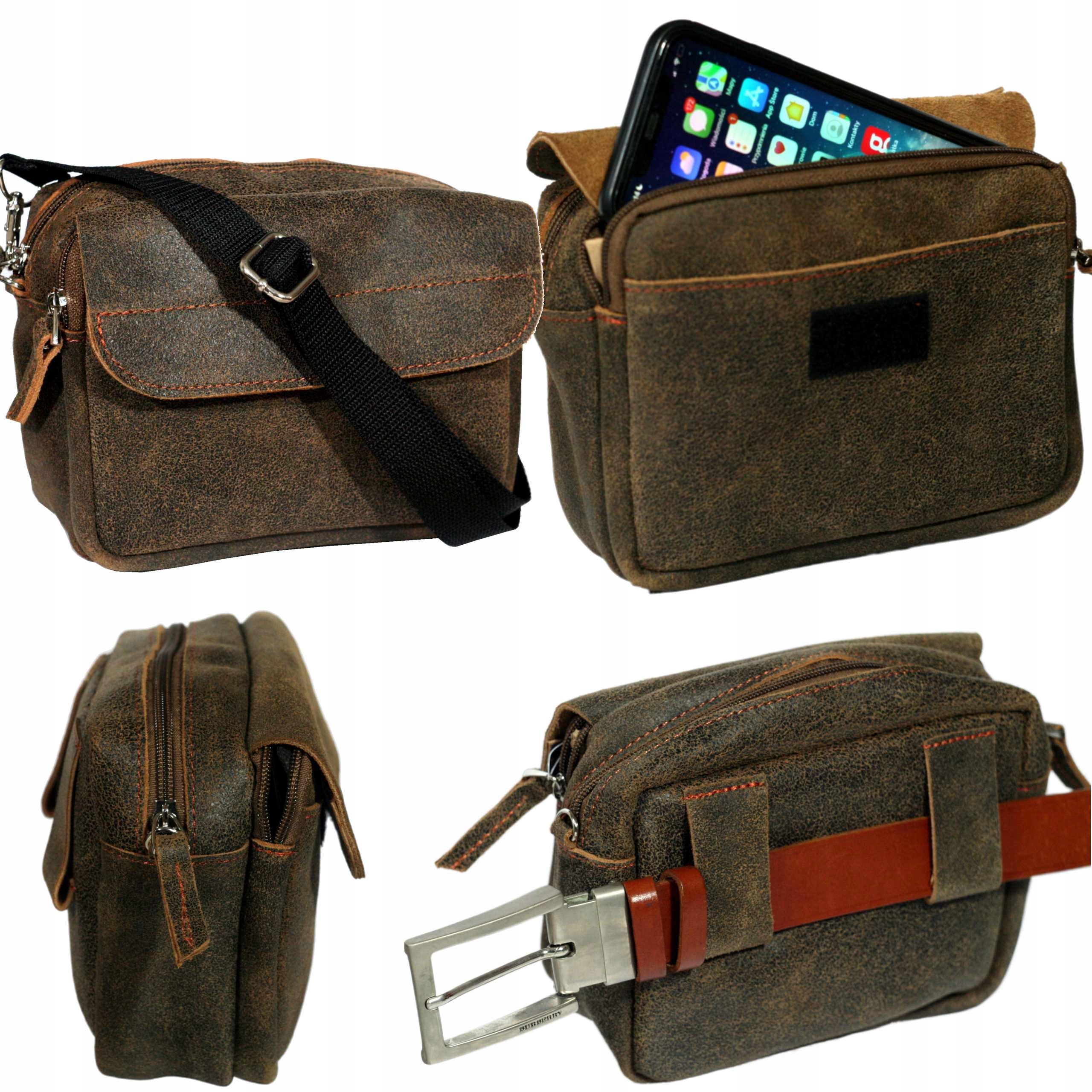 Kožená pánská taška na opasek do ruky, hnědá, malá, polská výroba