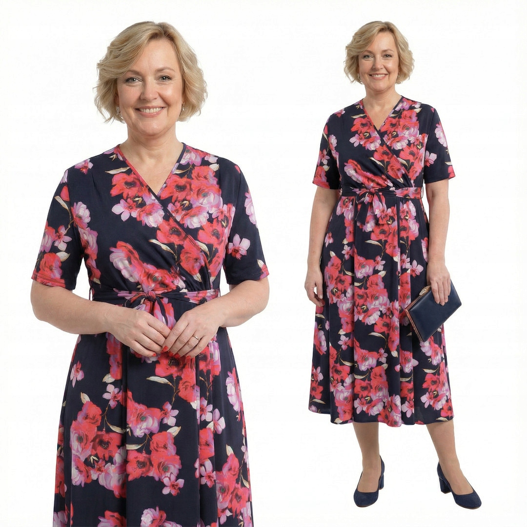 Tmavě modrá šaty s růžovými květy a velikostí, velikost 54