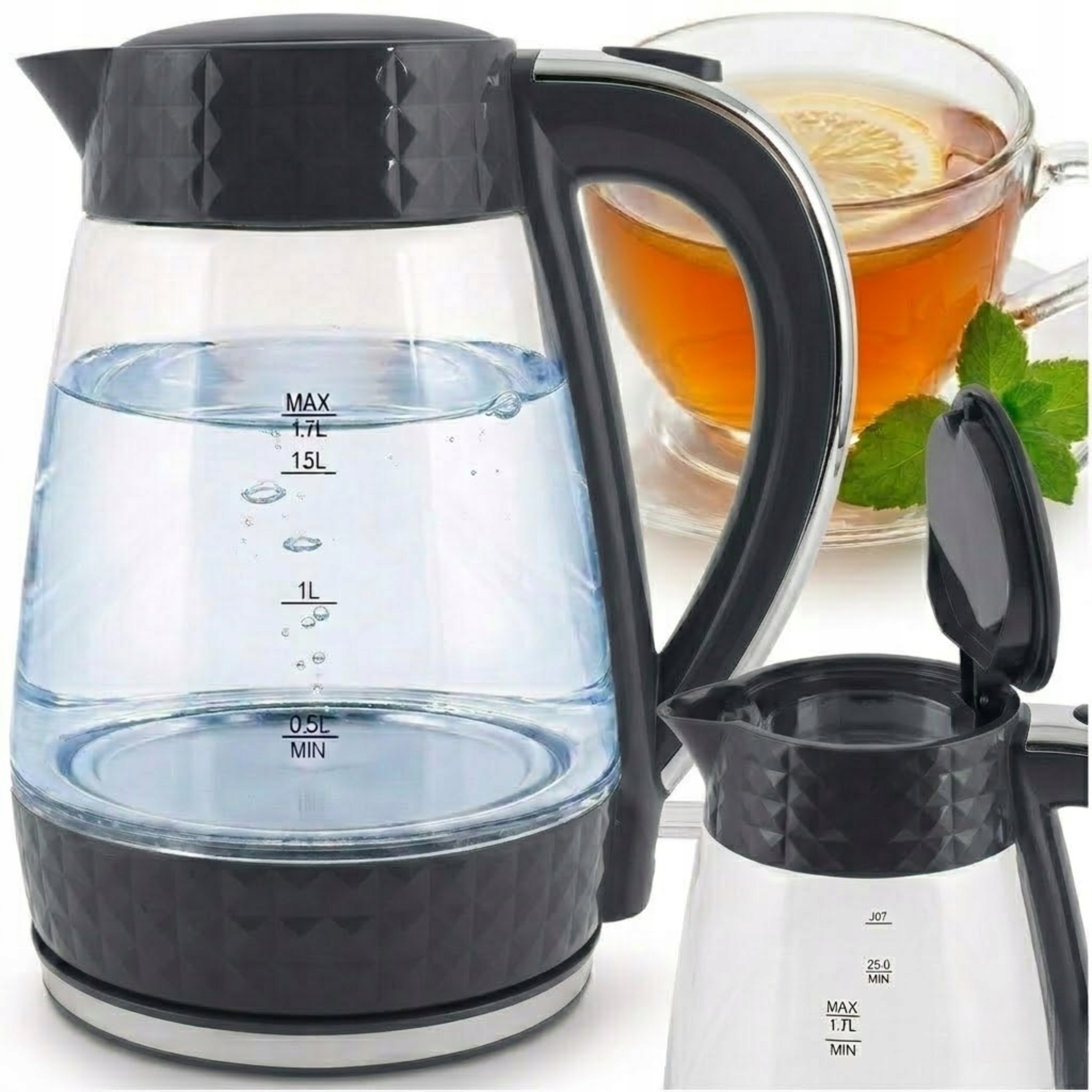 Czajnik elektryczny szklany bezprzewodowy cichy Łucznik 1,7L 2200W Szary