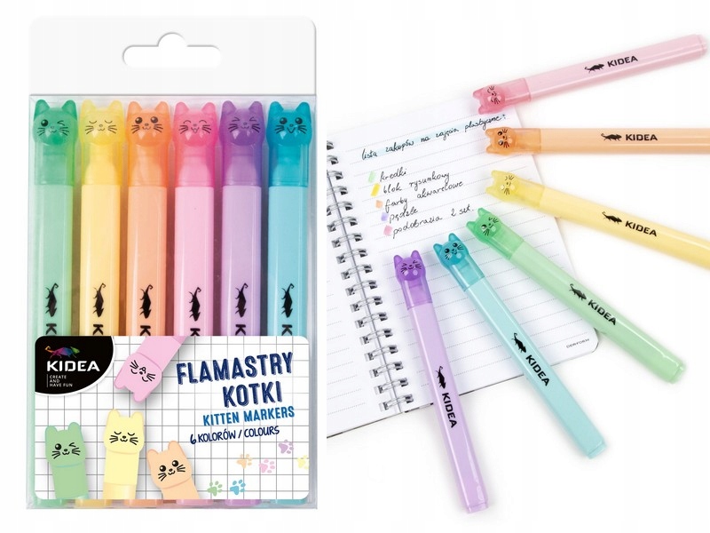KIDEA FLAMASTRY ZAKREŚLACZE PASTELOWE KOTKI 6 kolorów