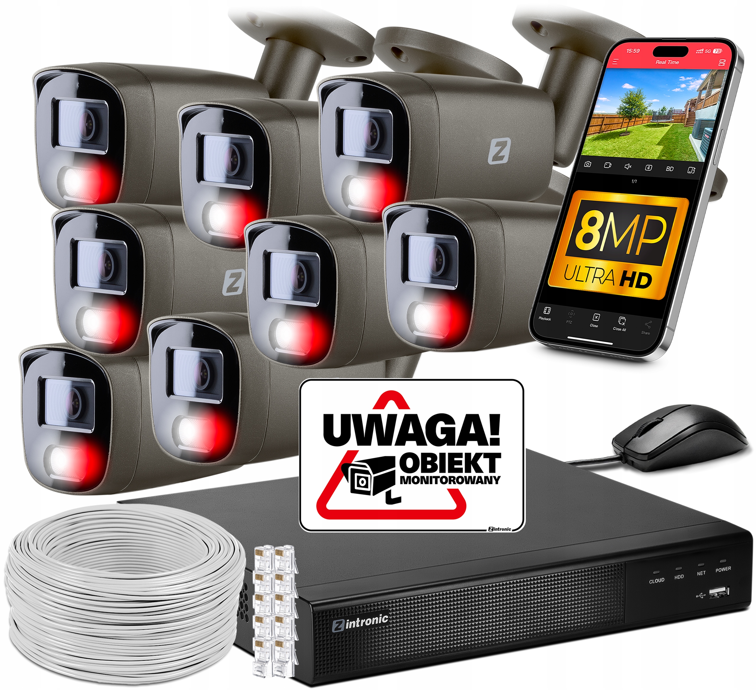 Sada Monitorování 8 kamer Poe 4K Ultra Hd 8Mpx Šedá Detekce lidí a aut