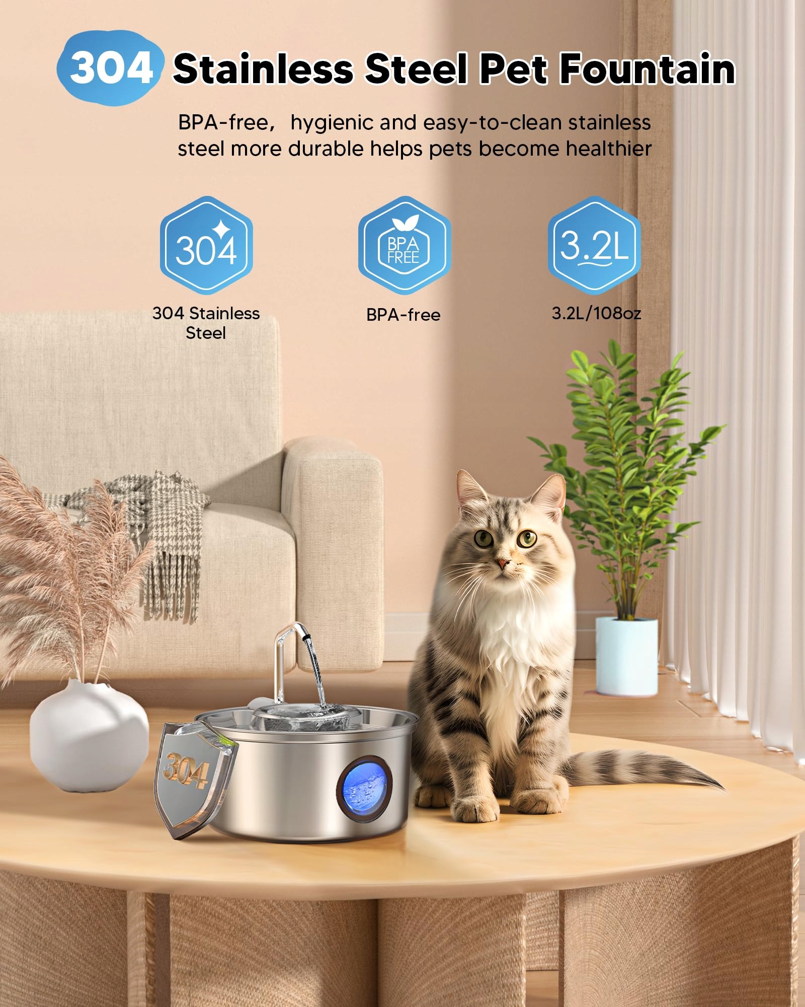 KITTYspout Fontanna Dla Kotów 32L Stal Nierdzewna Cicha Z Filtrami — miniatura 2