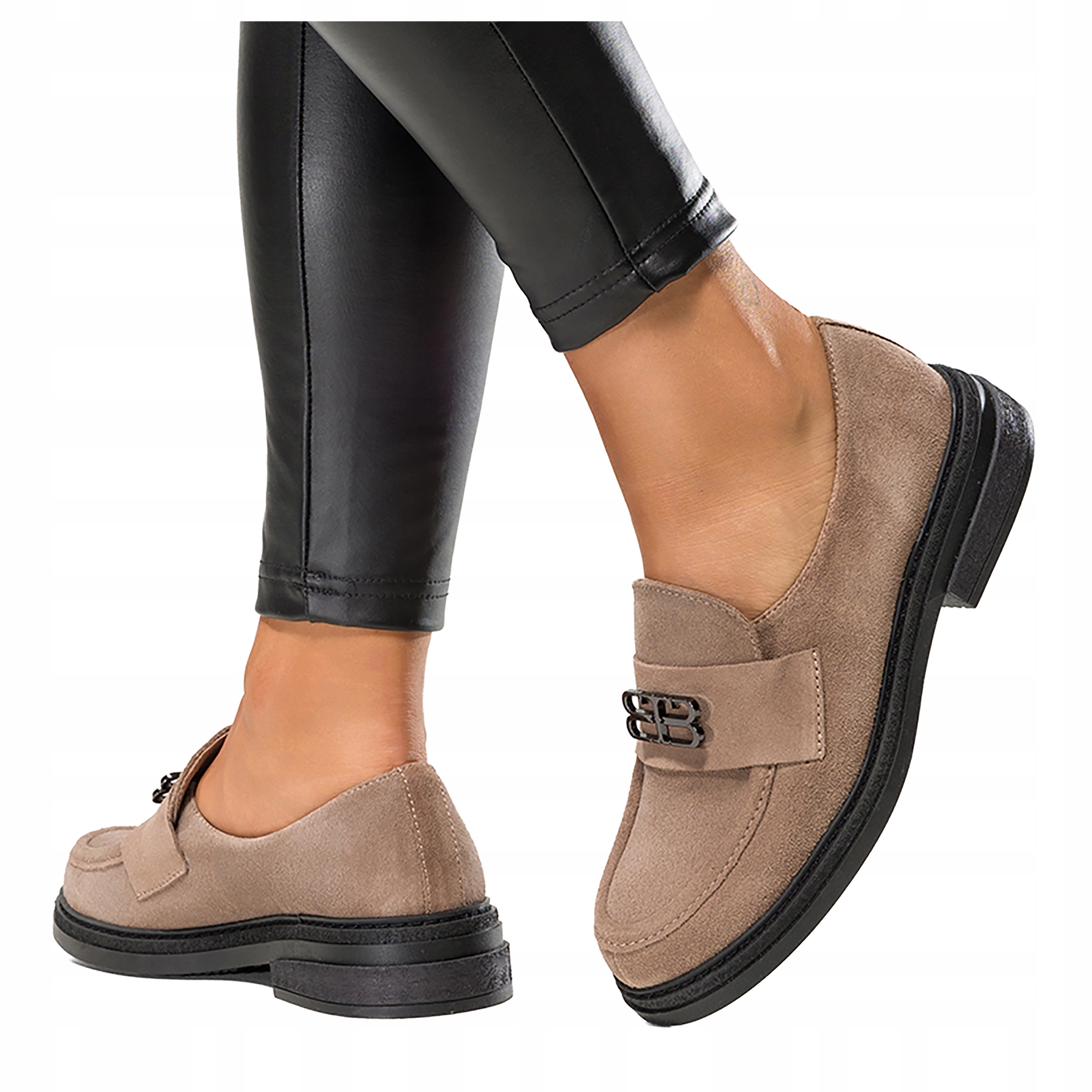 Béžové dámské Mokasíny s černou ozdobou Pohodlné Módní Kožené Polské vel. 38