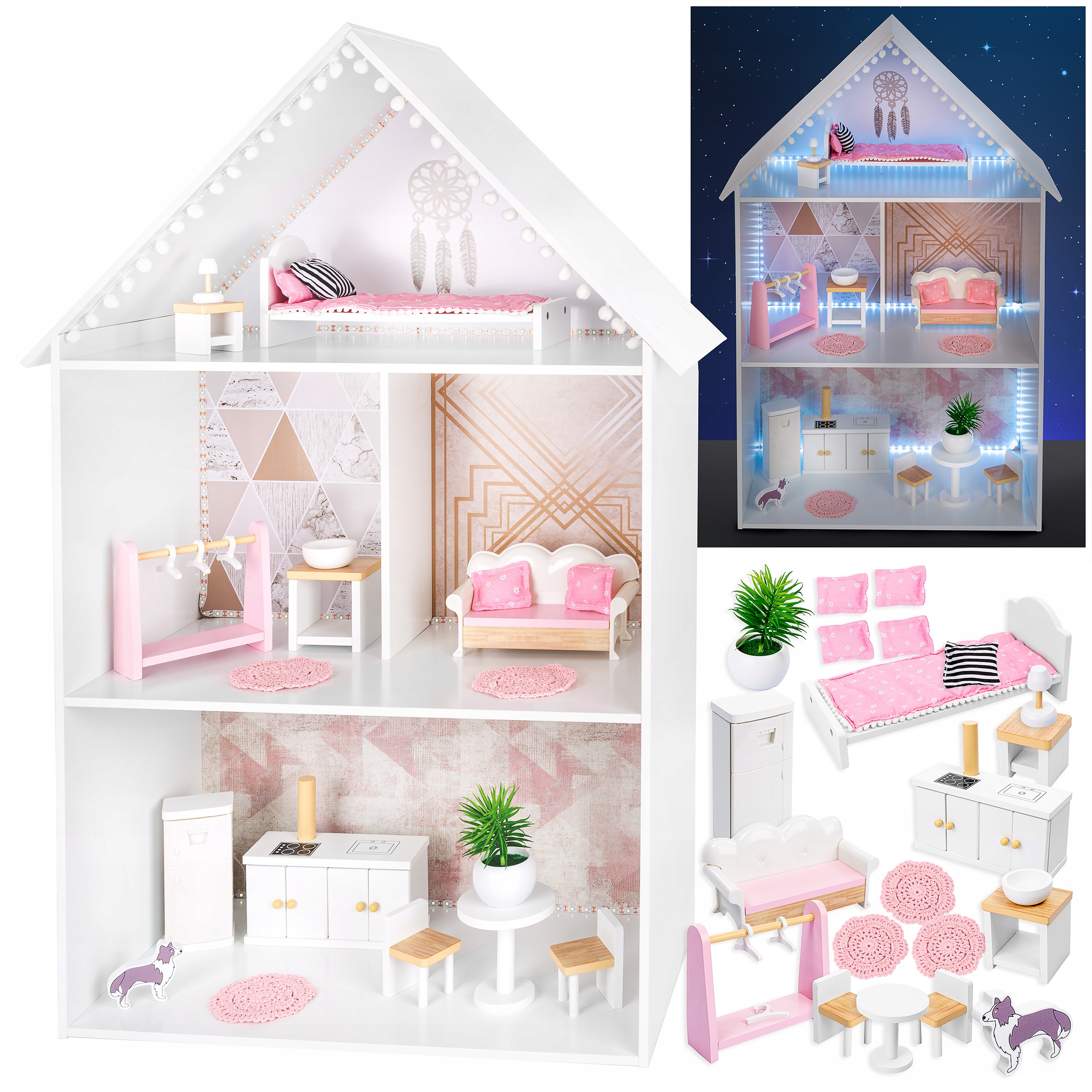 

Kinderplay Drewniany Domek Dla Lalek Meble Schody