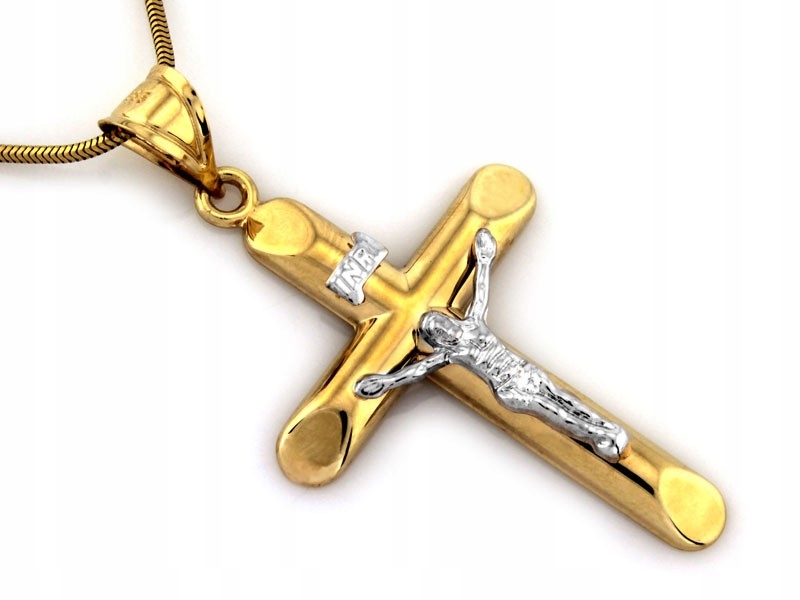 Elegantní přívěsek pánský křížek 585 bílé žluté zlato 2.16g velký rhodiovaný