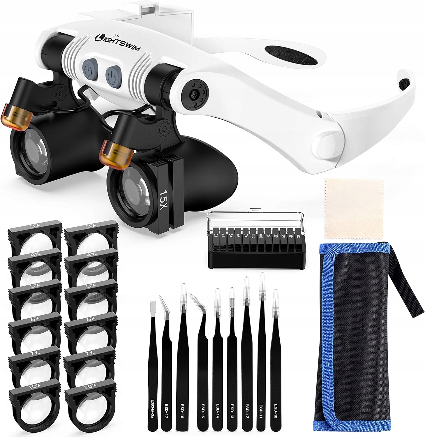 Lupa s čelenkou a 2 Led diodami pro opravu šperků a hodinek