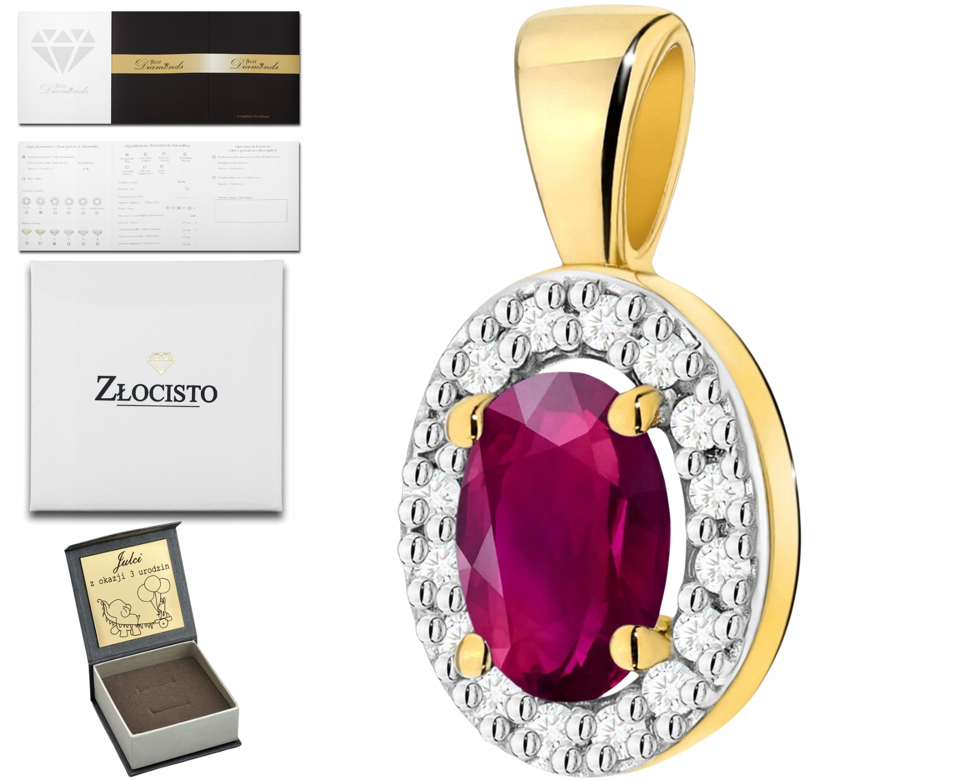 Moderní Zlatý Přívěsek S Rhodolity A Diamanty, Zlato 585, Dárek Gravírování
