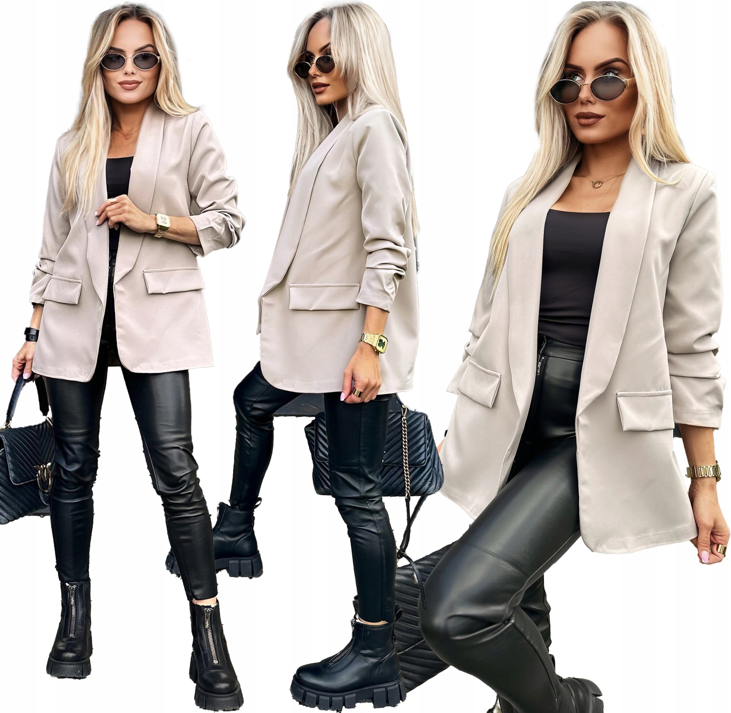 Beżowa Marynarka Damska Żakiet drapowane rękawy 52 Plus Size