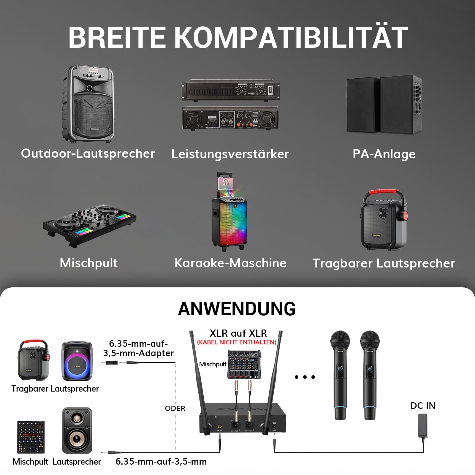 TONOR Mikrofon Bezprzewodowy UHF Zestaw 2x100 Regulowane Mikrofony Karaoke — miniatura 7