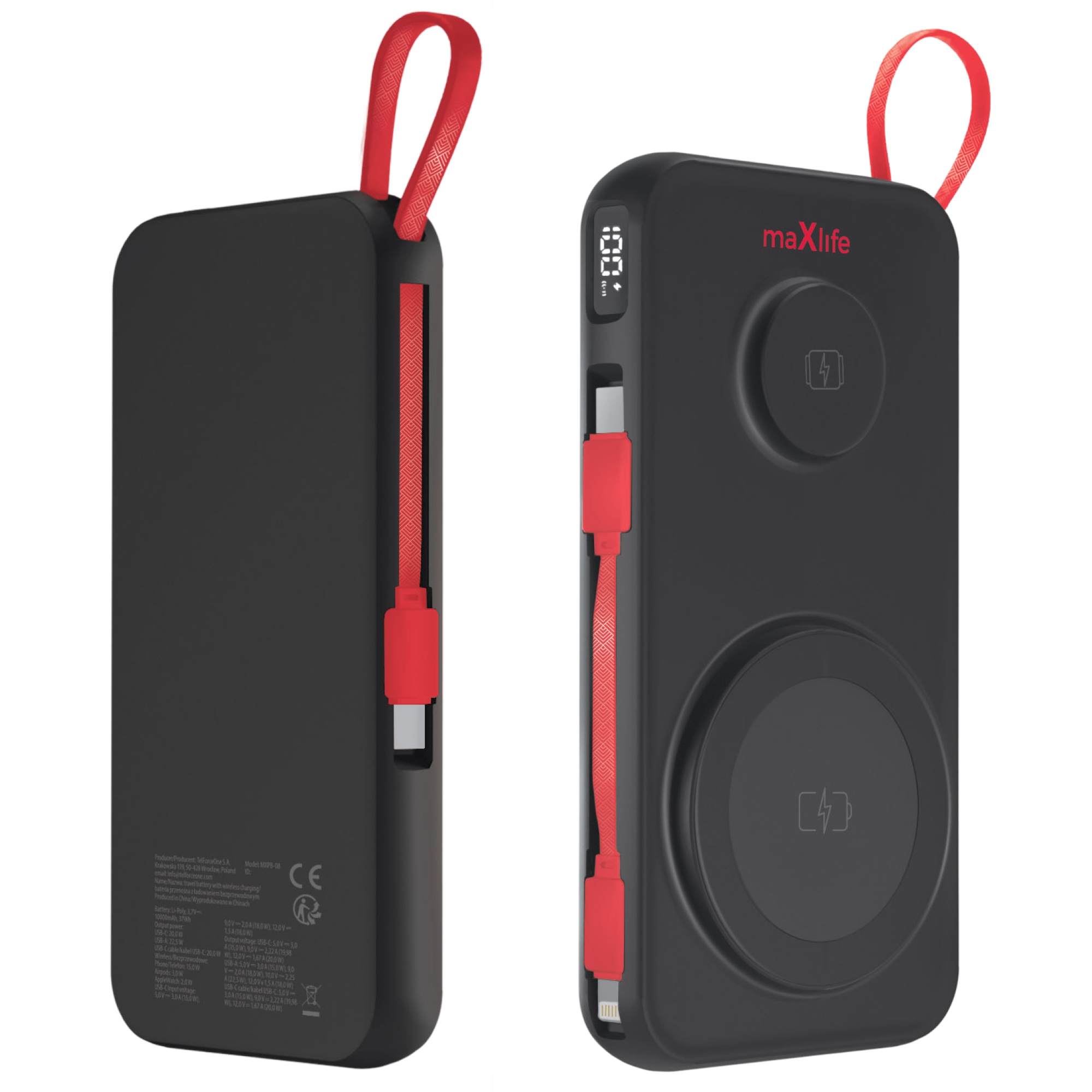 Powerbanka 10000 mAh Usb-c Usb indukční s kabelem pro telefon a sluchátka