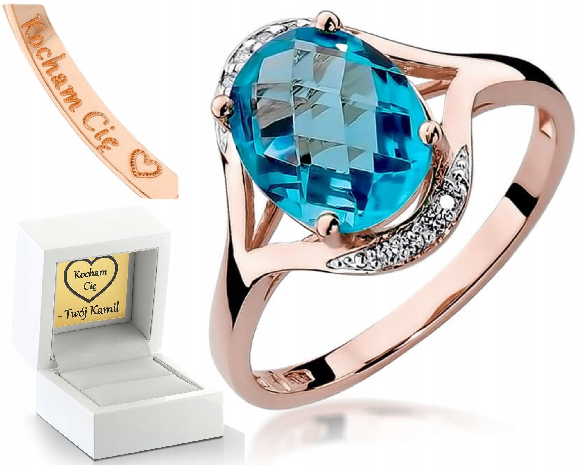 Růžové Zlato Prstýnek Topaz Brilianty 585 Gravírování