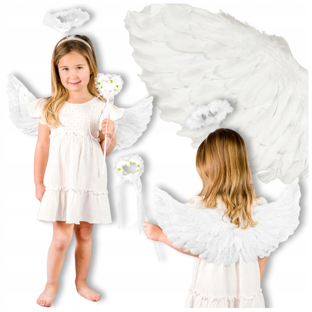 STRÓJ ANIOŁKA ZESTAW SKRZYDŁA AUREOLA RÓŻDŻKA ŚNIEŻNO BIAŁE JASEŁKA PIÓRA