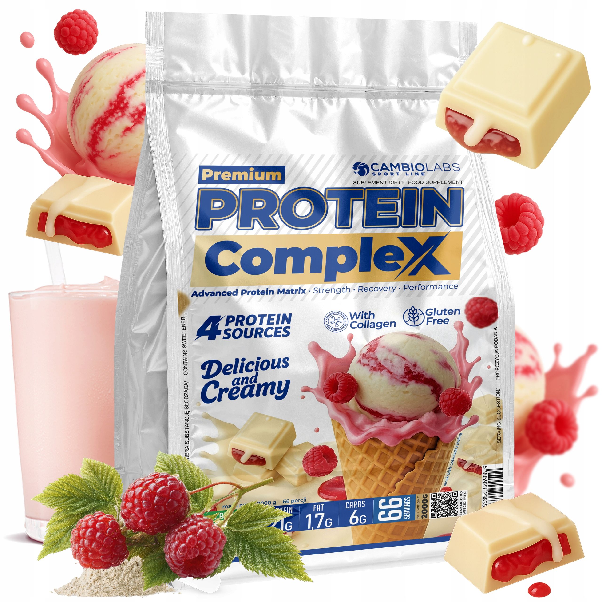 Protein s kolagenem Albumina Mix bílkovin Bílá Čokoláda Malina 2 kg