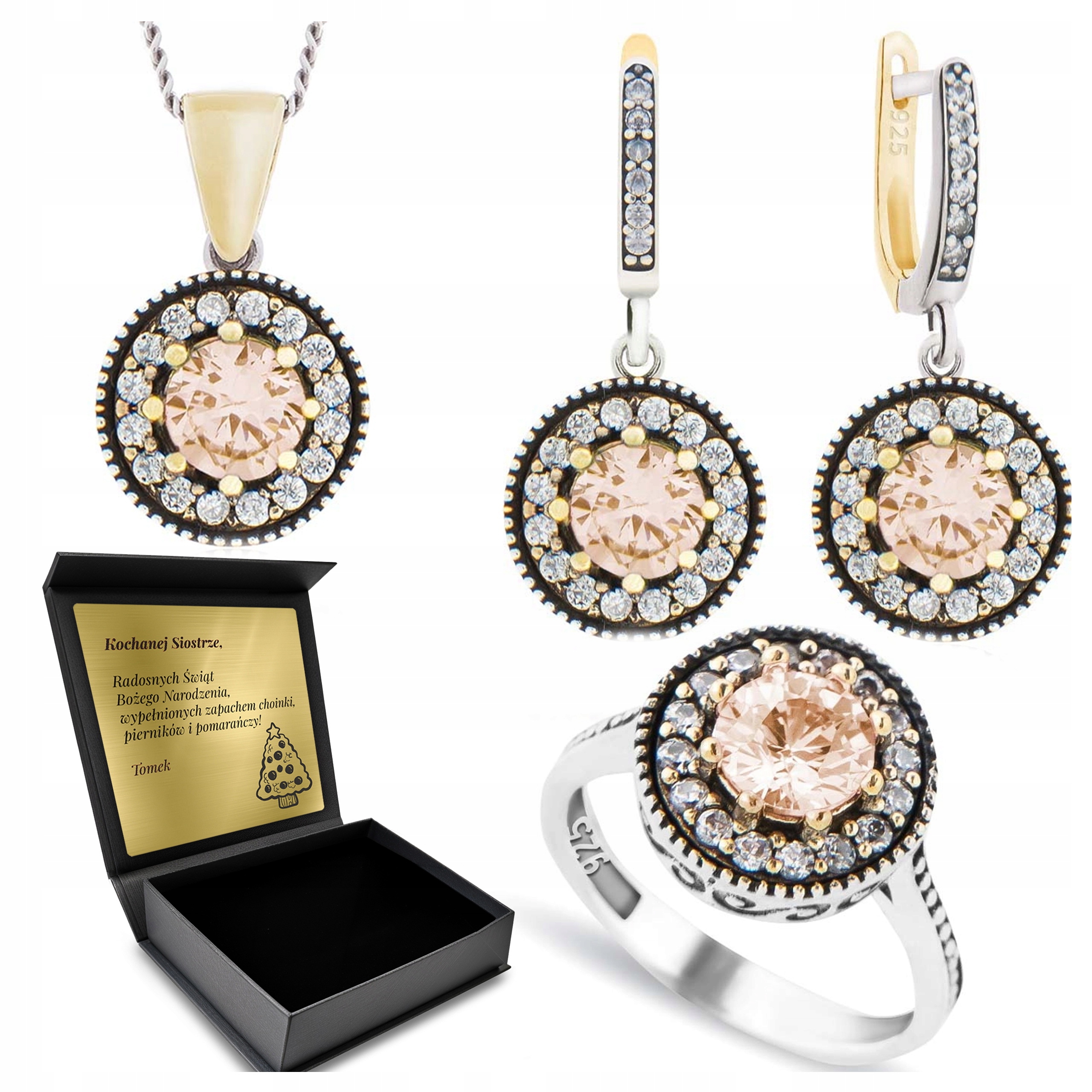 Komplet Stříbrných Šperků 925 S Morganitovými Zirkony pro ženy Gravírování