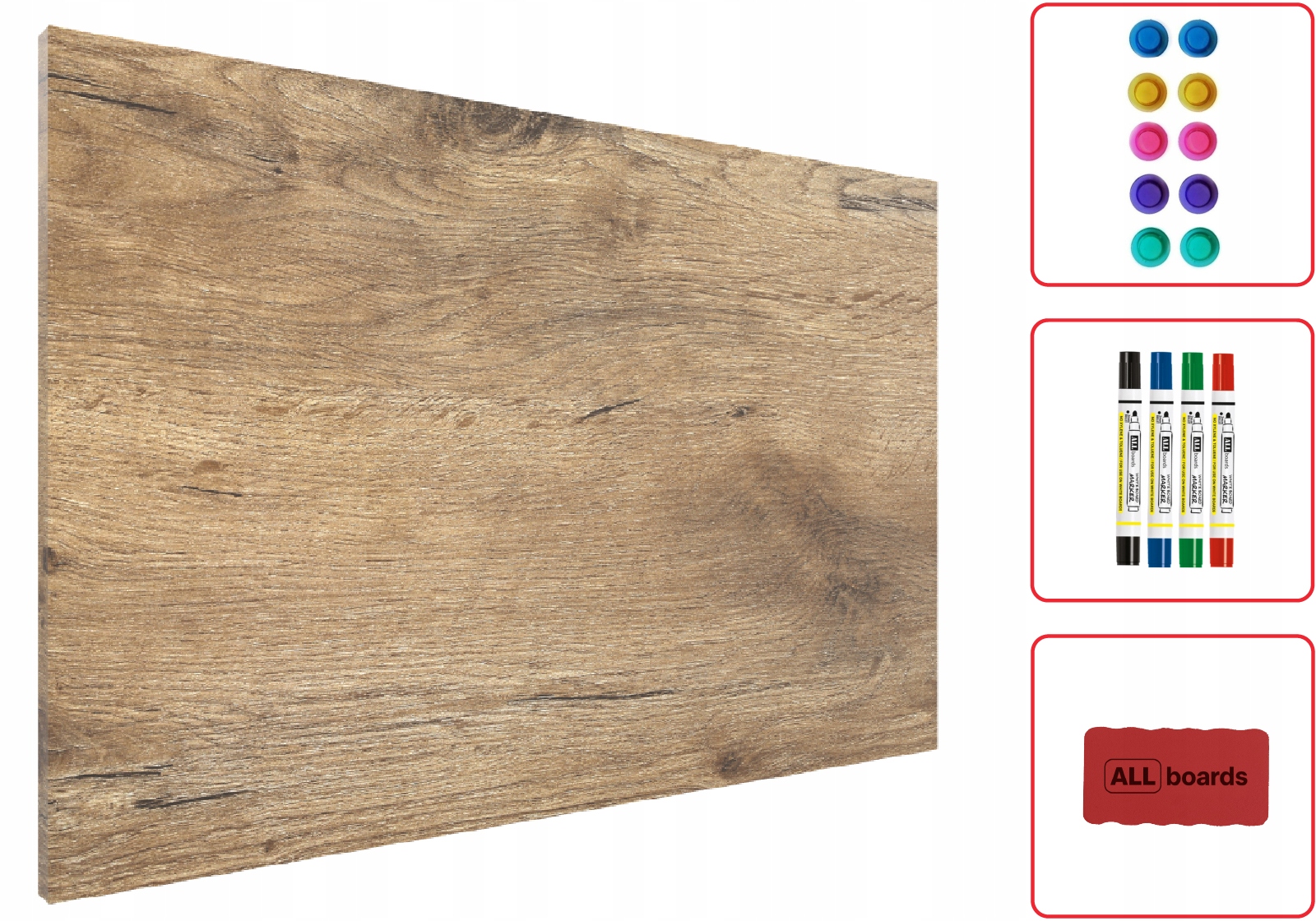 

Metalowa magnetyczna tablica Drewno 90x60 zestaw