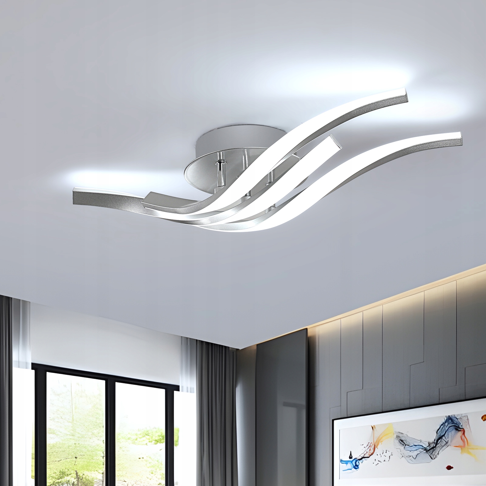 Lampa Sufitowa Led Lampa Wiszaca Srebro 6500K Nowoczesna Do Salonu