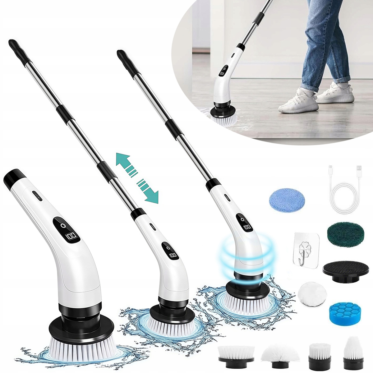 Levně Elektrický Kartáč Na Čištění, Nastavitelná Výška, 8 Nástavců