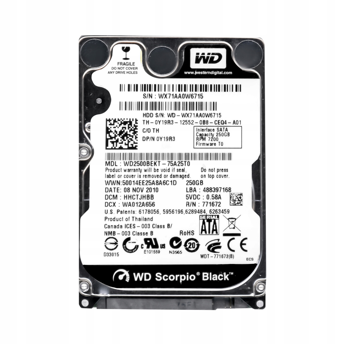 Dell 0Y19R3 250GB 7.2K Sata II 2.5'' WD2500BEKT