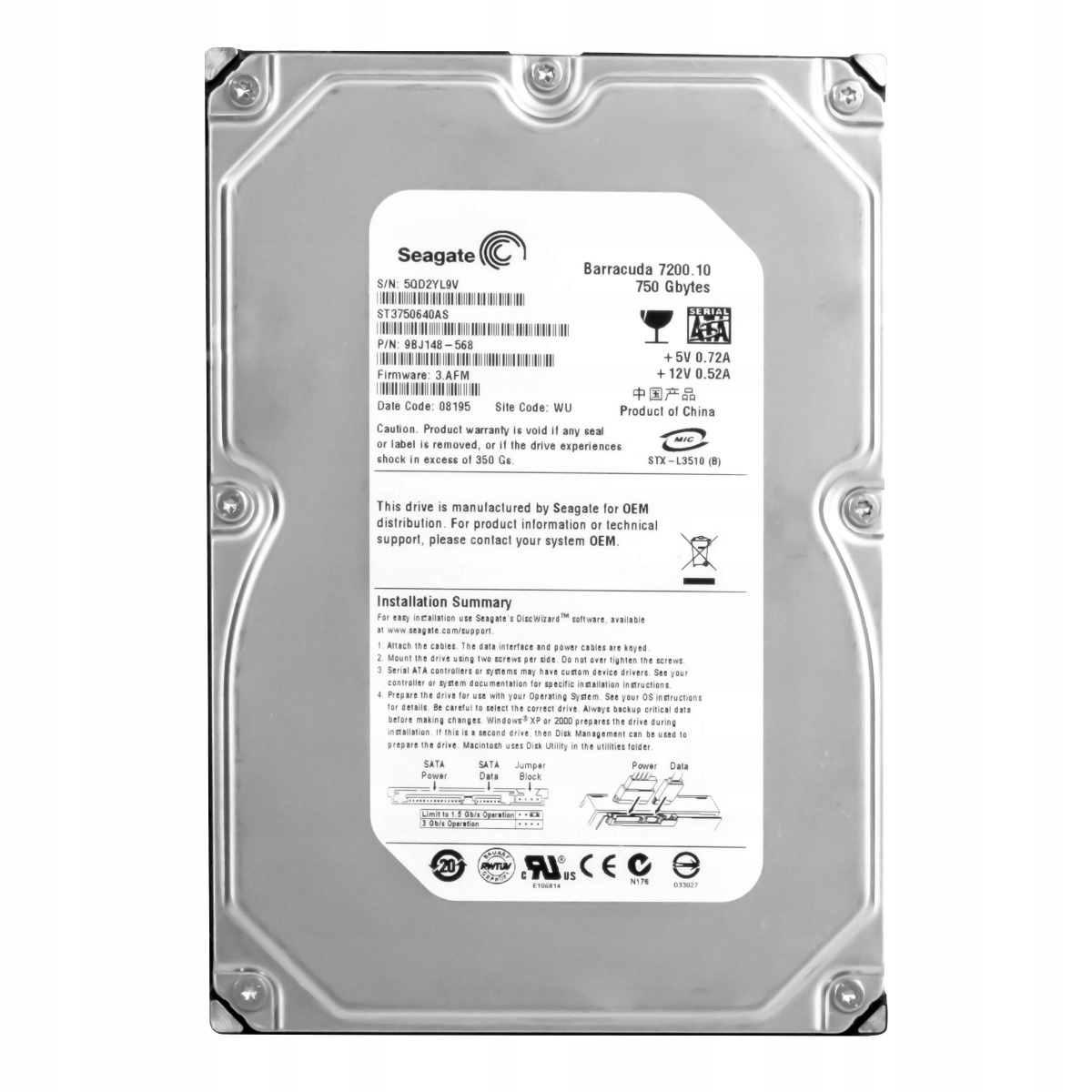 Seagate Barracuda 7200.10 750GB 7.2K 16MB Sata II 3.5'' ST3750640AS