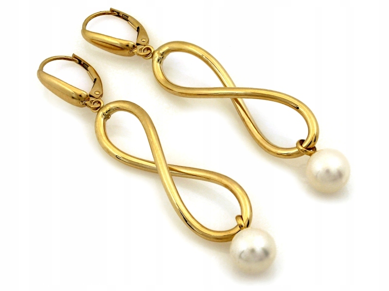 Zlaté náušnice 585 dlouhé nekonečna s visící perlou, anglické, módní