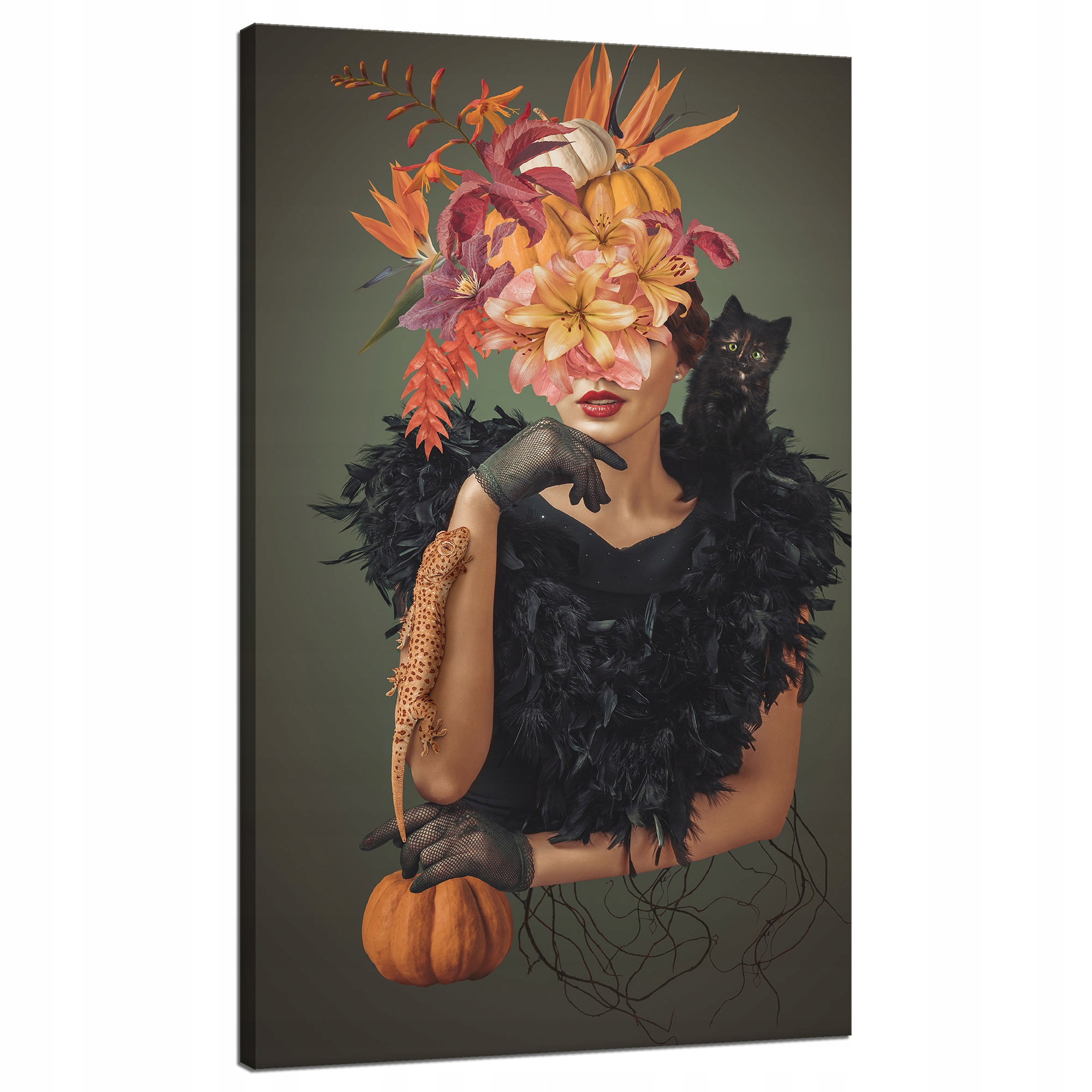 Obraz na plátně Dáma s kočkou Květiny Černá 70x120 cm