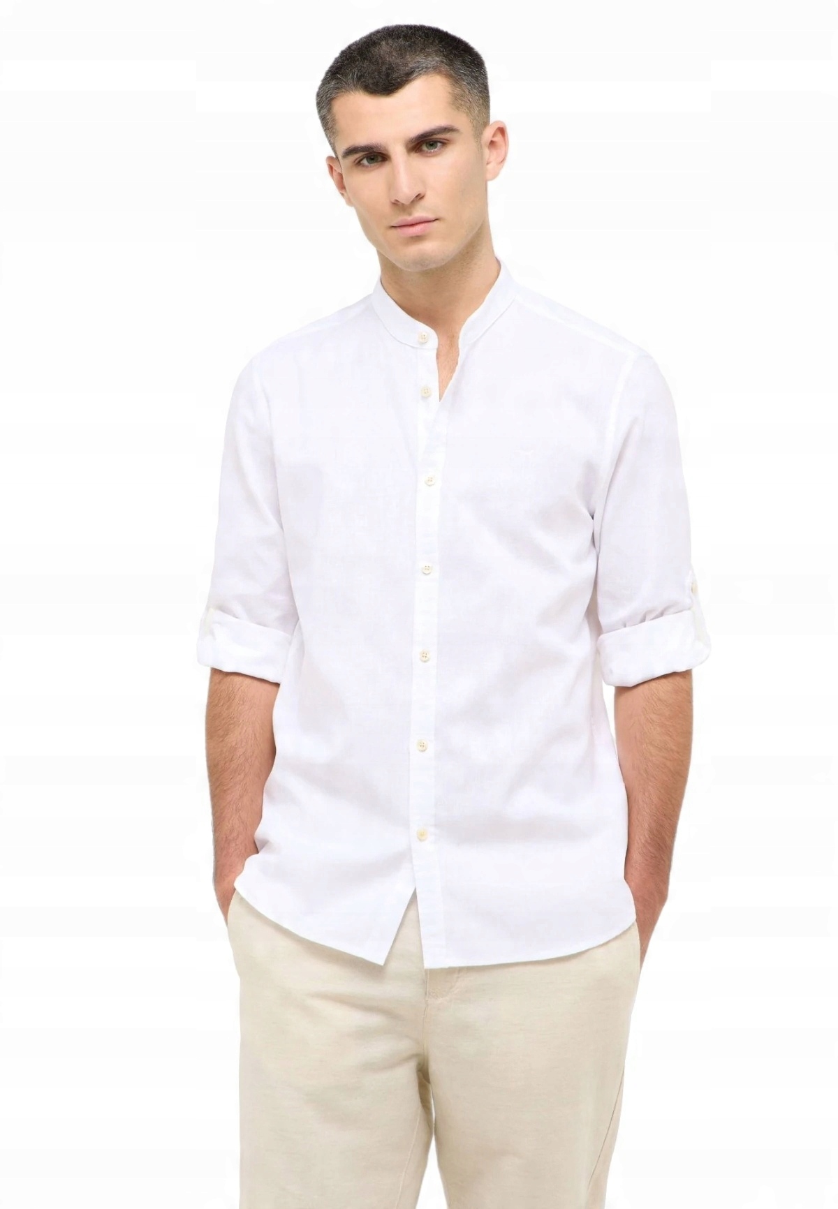 Lněná Pánská Košile Se Stojáčkem S Dlouhými Rukávy Regular Bílá Mustang XL