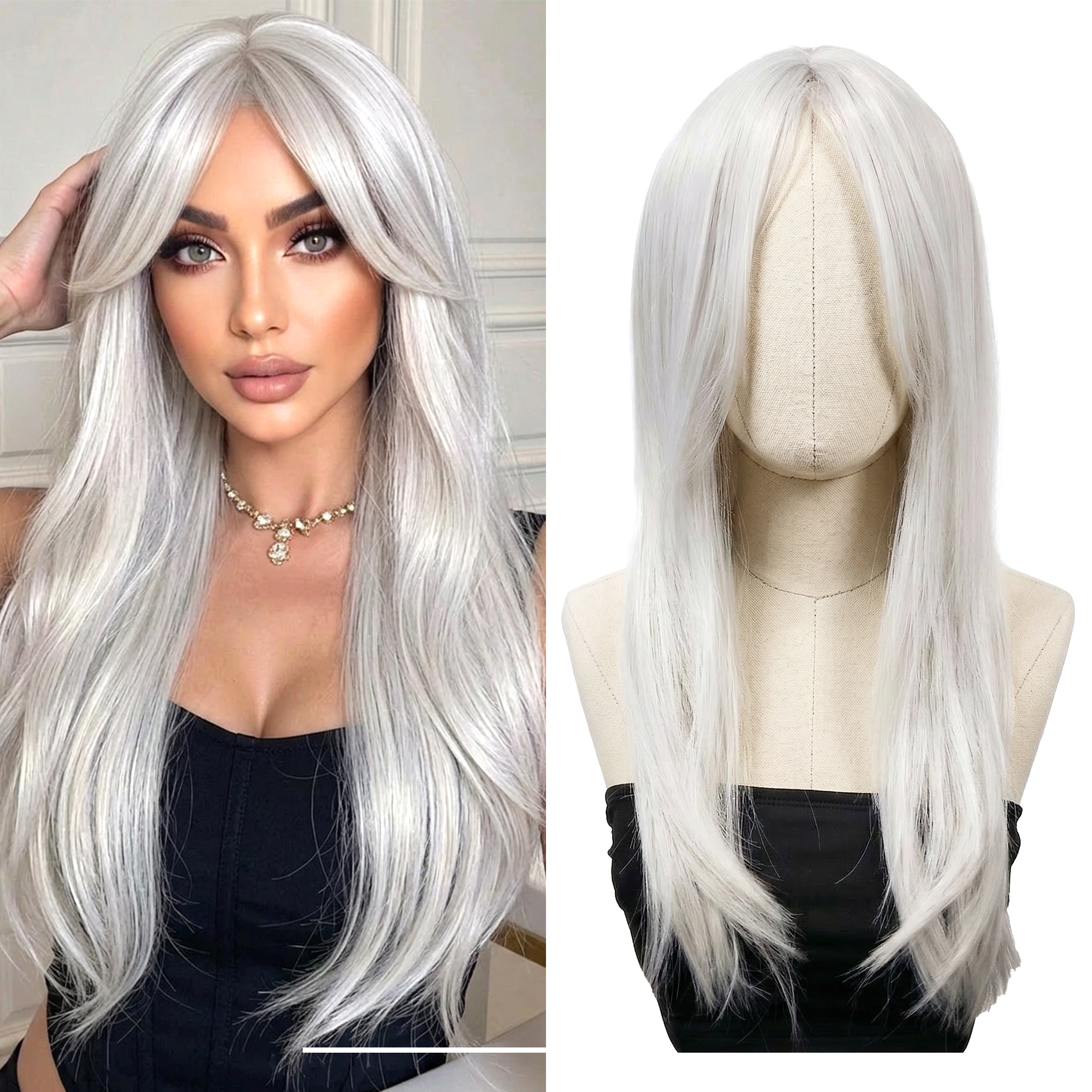 Syntetická paruka Dlouhá Vlasy s Hřívou Na Boky Stínovaná Světle Šedá 55 cm